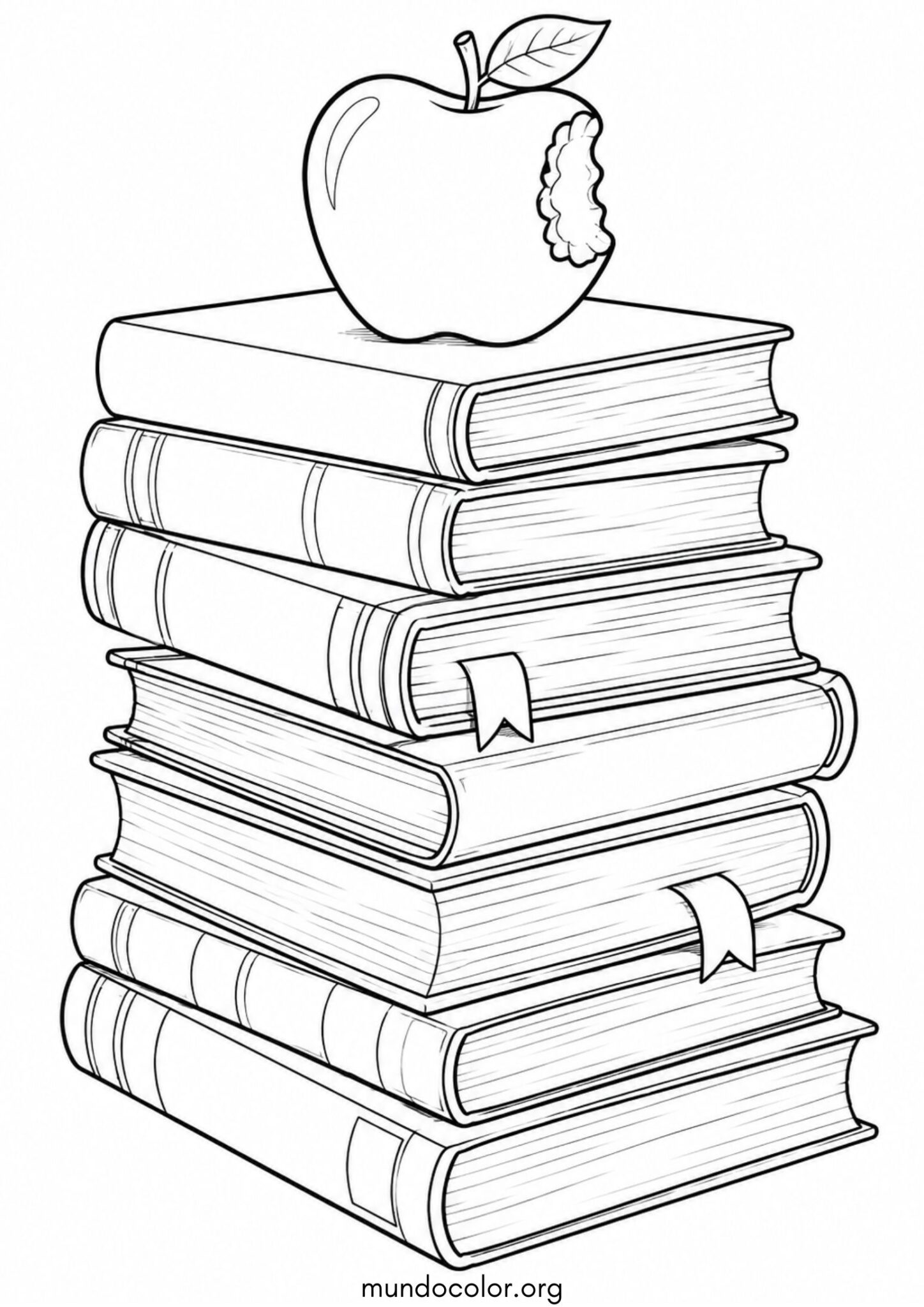 Dibujo de Día del Libro – Pila de libros con una manzana mordida encima para colorear