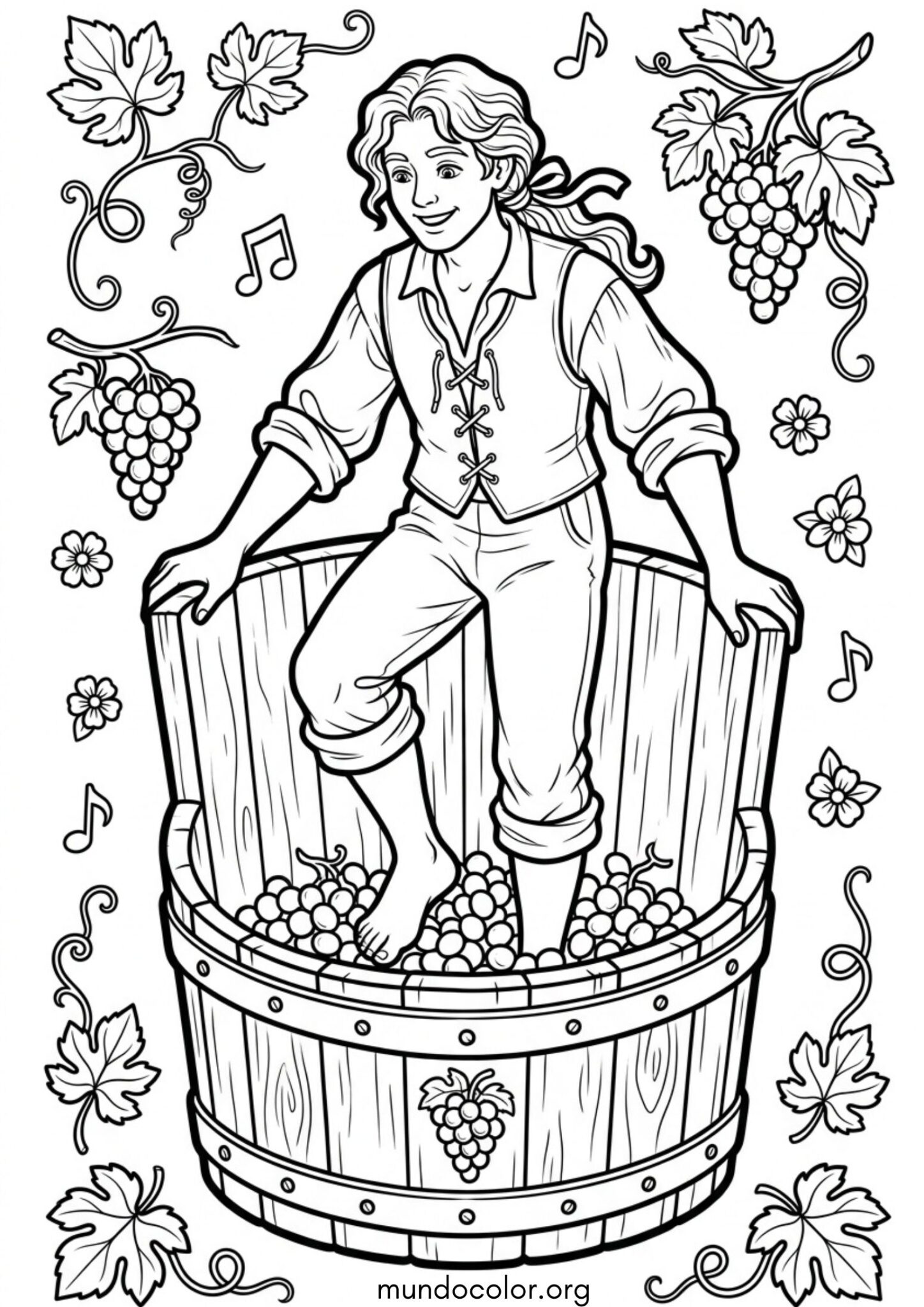 Dibujo de Fiesta de la Vendimia – Pisado tradicional de la uva en un tonel para colorear