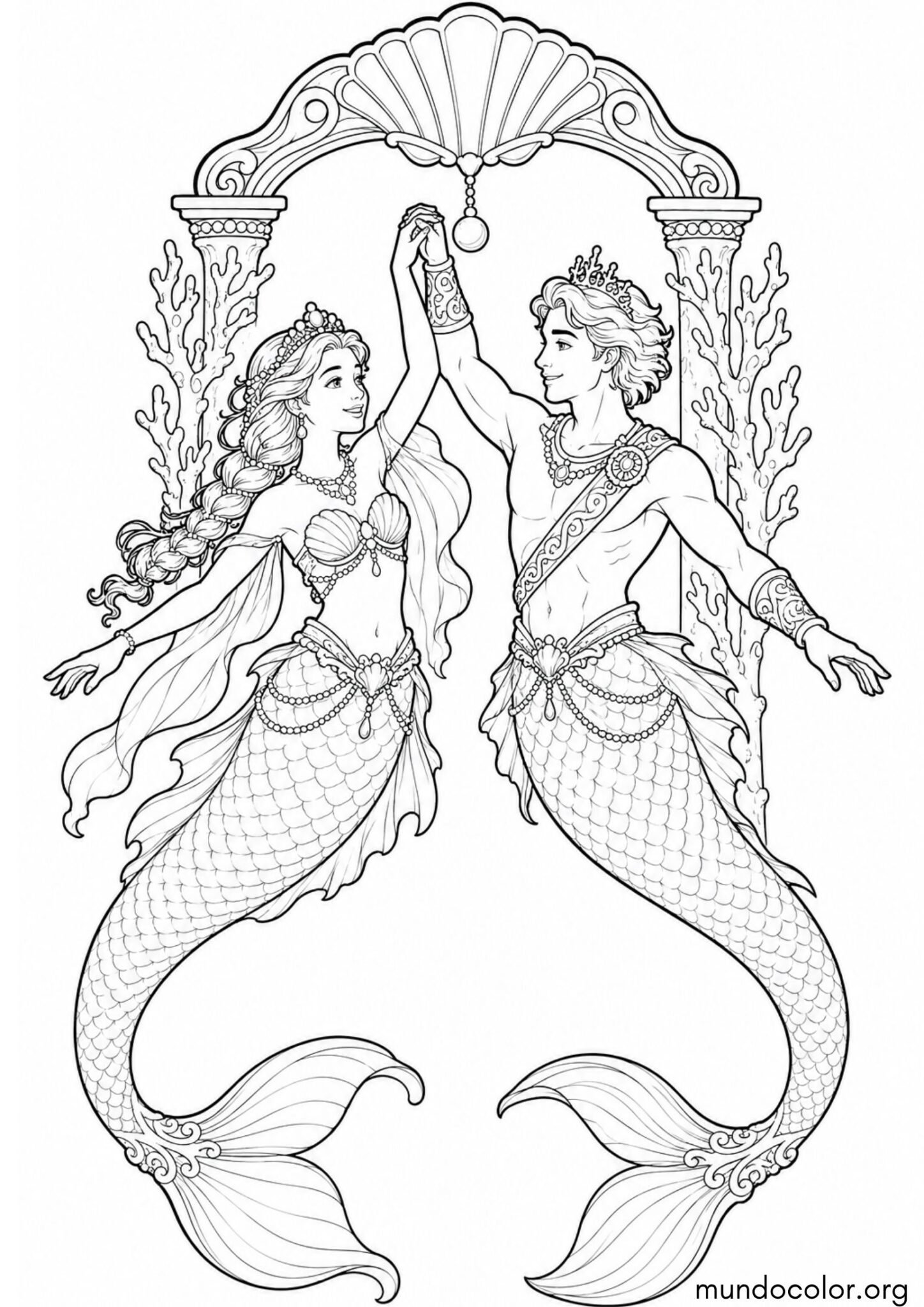 Dibujo de Príncipe y princesa sirena bailando en el palacio submarino para imprimir Dibujo de Príncipe y princesa sirena bailando en el palacio submarino para colorear