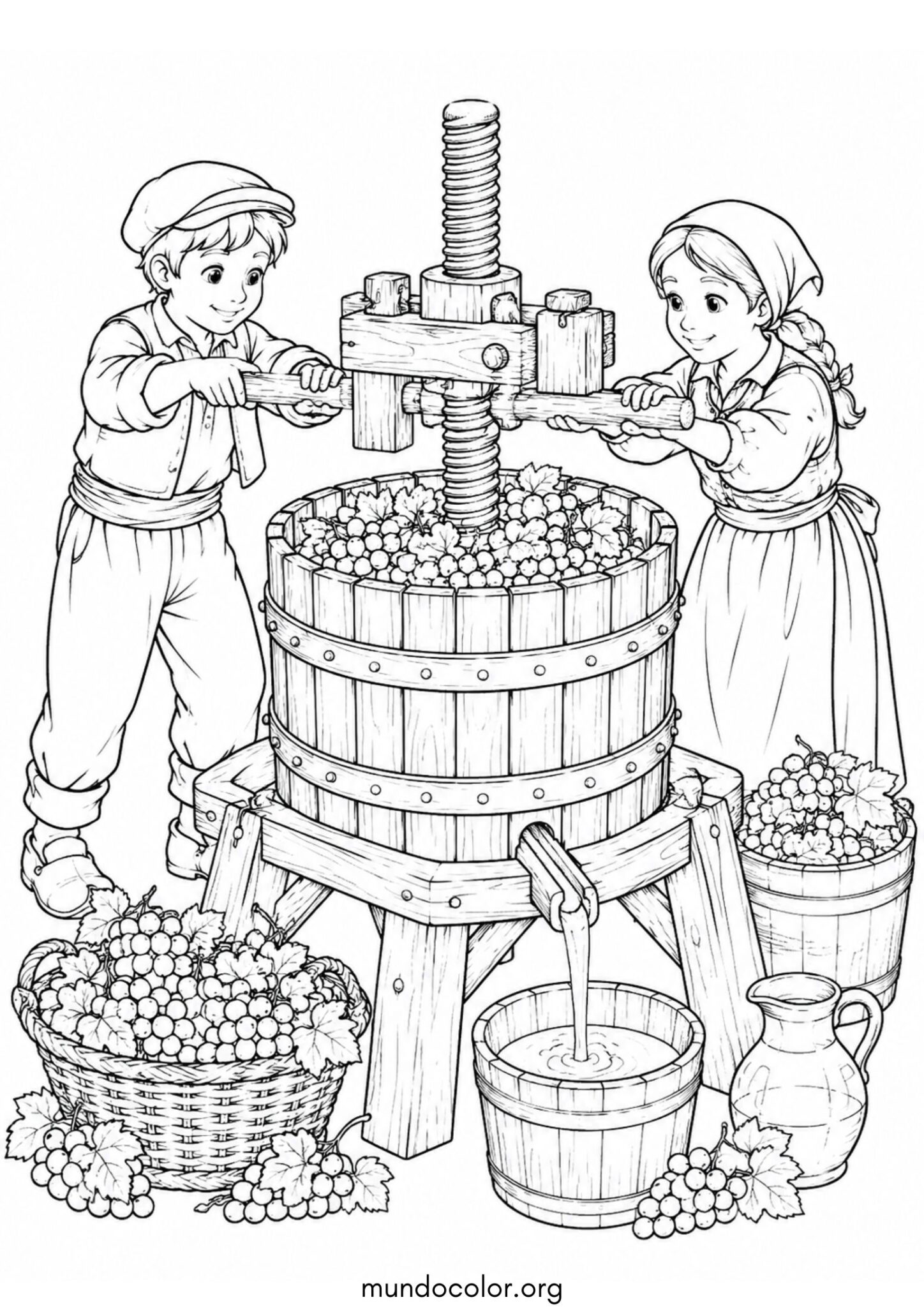Dibujo de Fiesta de la Vendimia – Prensado de la uva en prensa de madera antigua para colorear