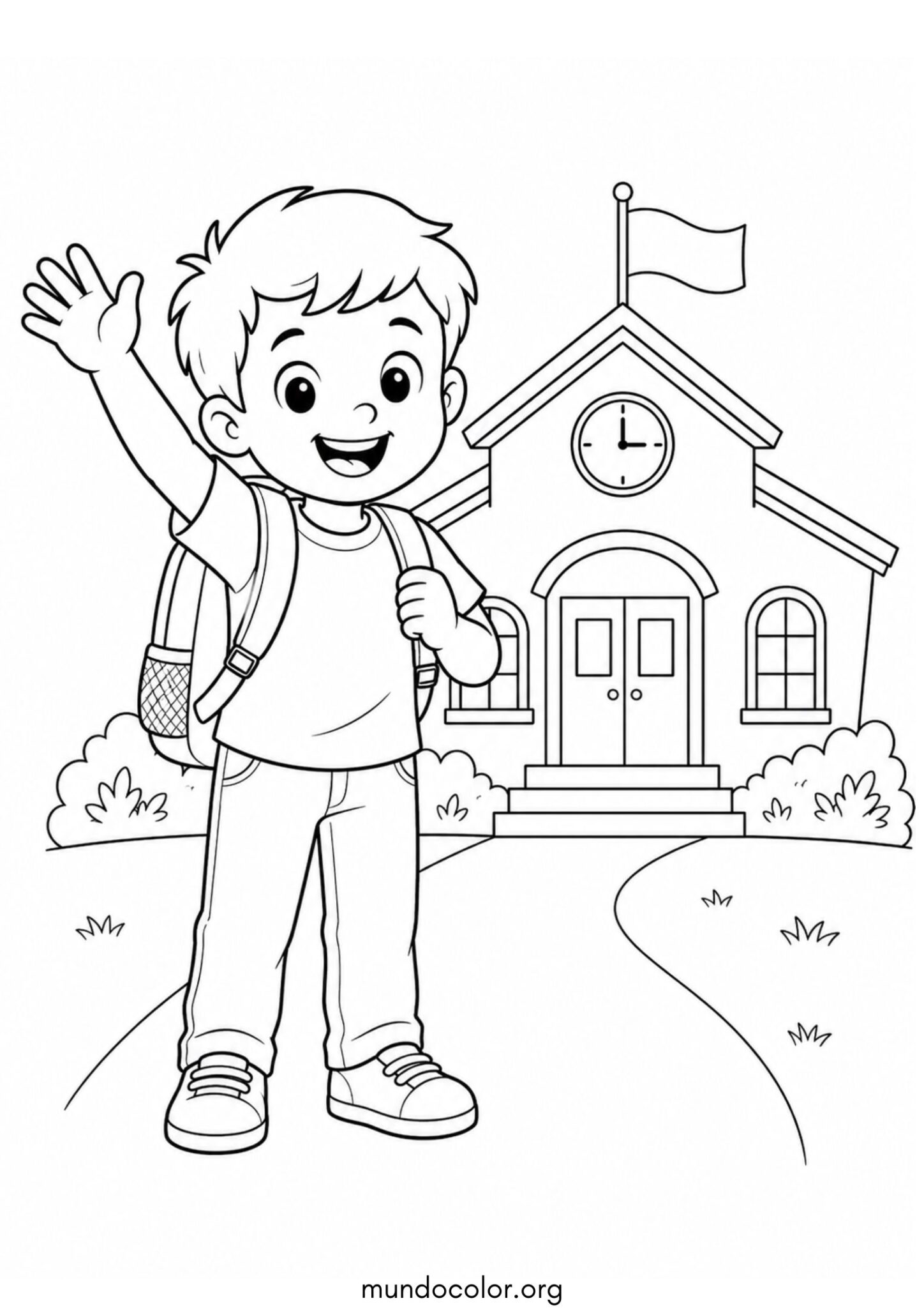 Dibujo de Regreso a clases – Primer día de colegio de un niño feliz para colorear