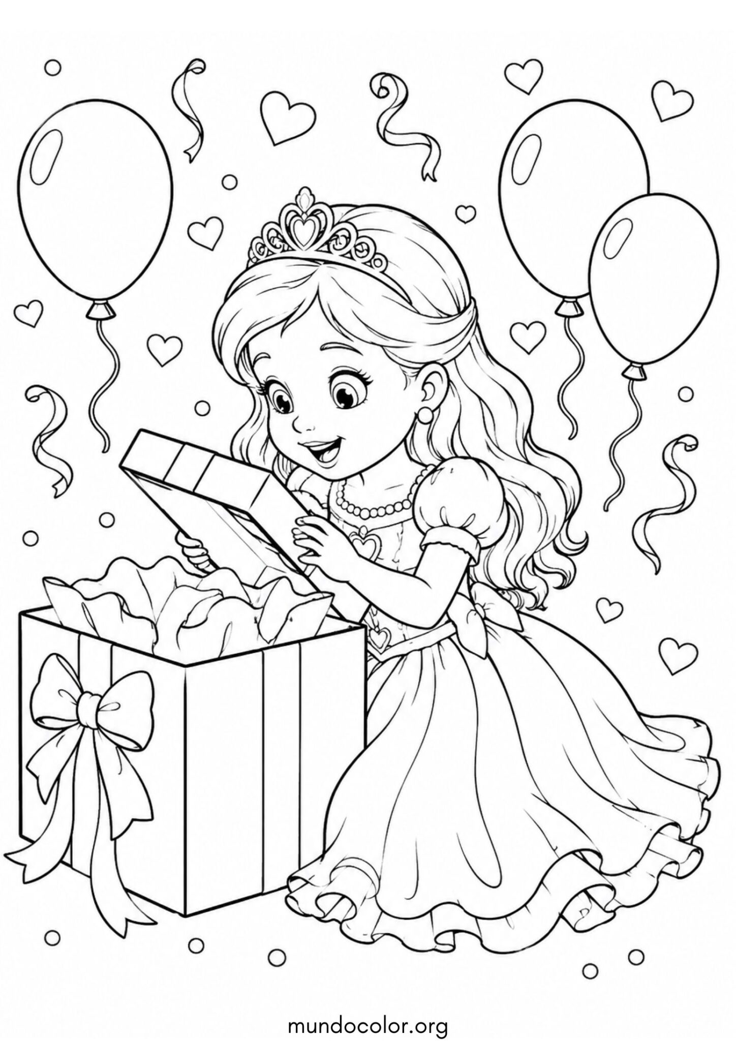 Dibujo de Princesa de cumpleaños abriendo un regalo para colorear