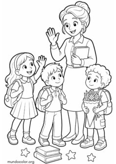 Vuelta al cole – Profesora dando la bienvenida a los alumnos