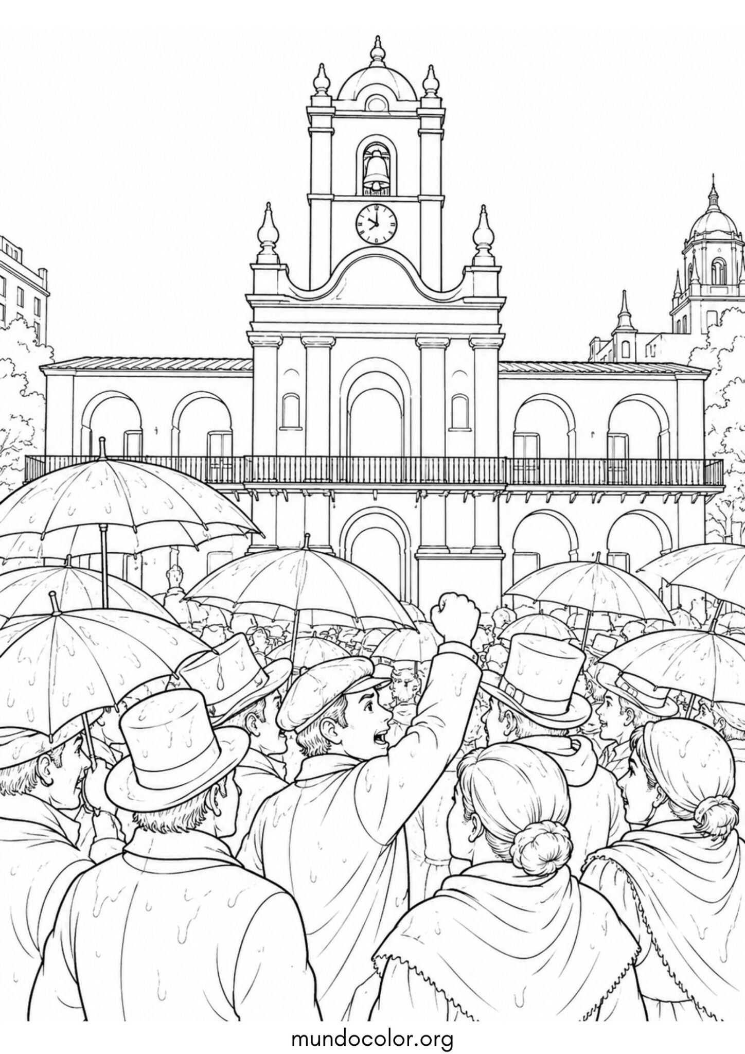 Dibujo de Revolución de Mayo – Pueblo argentino bajo los paraguas frente al Cabildo: «El pueblo quiere saber de qué se trata» para colorear