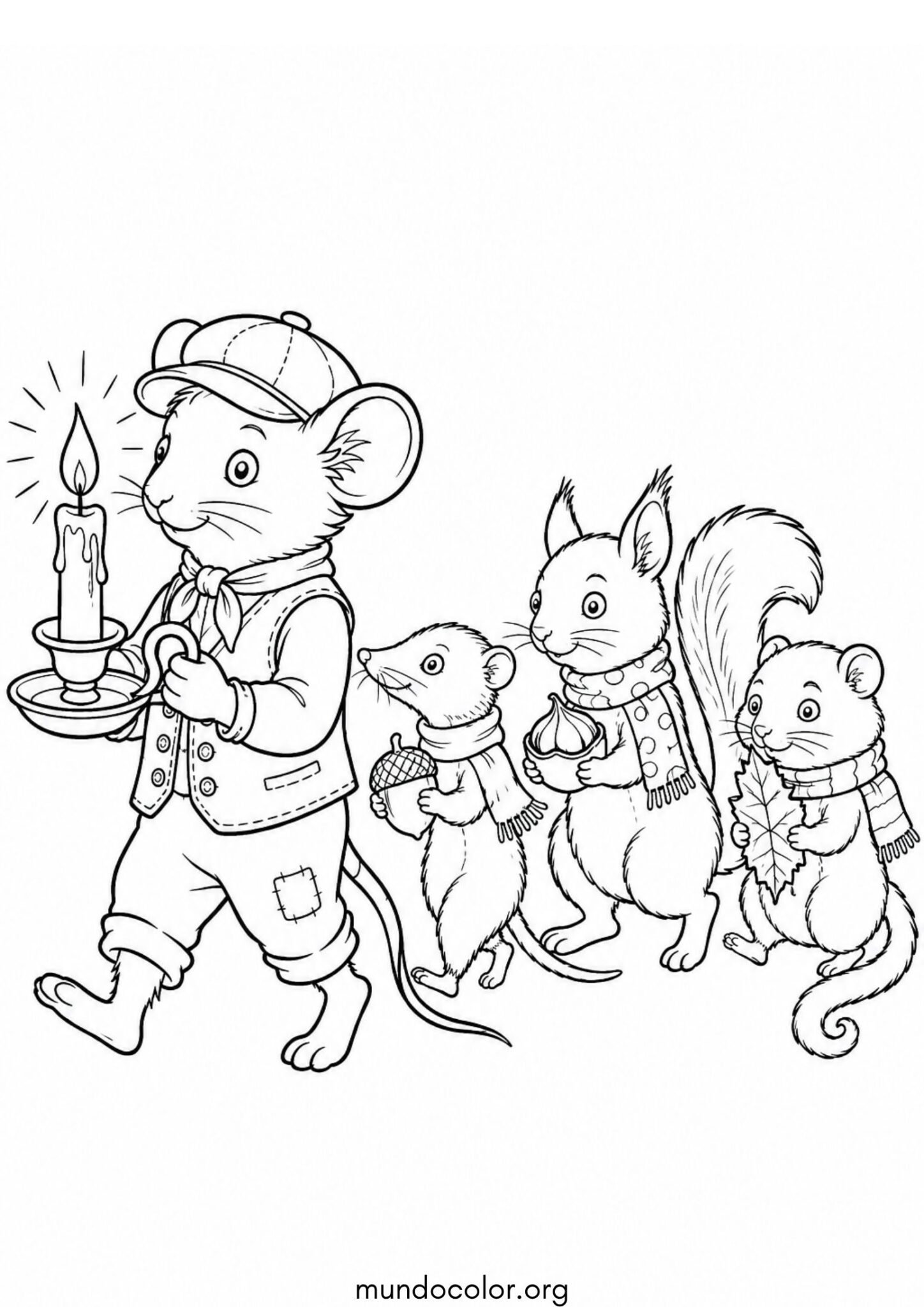 Dibujo de Ratón campesino guiando a sus amigos con una vela encendida para colorear