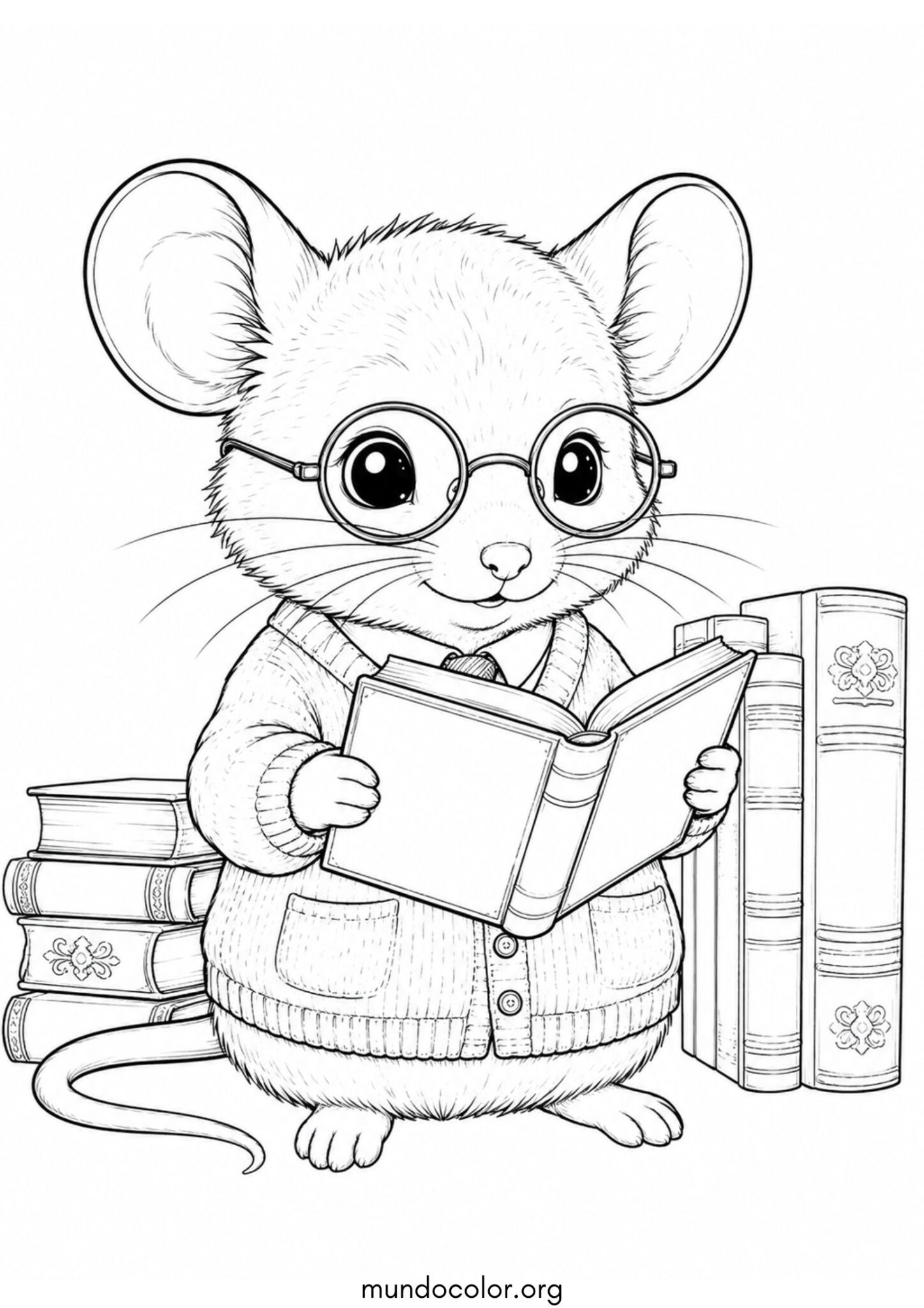 Dibujo de Ratón de biblioteca con gafas y libro para colorear