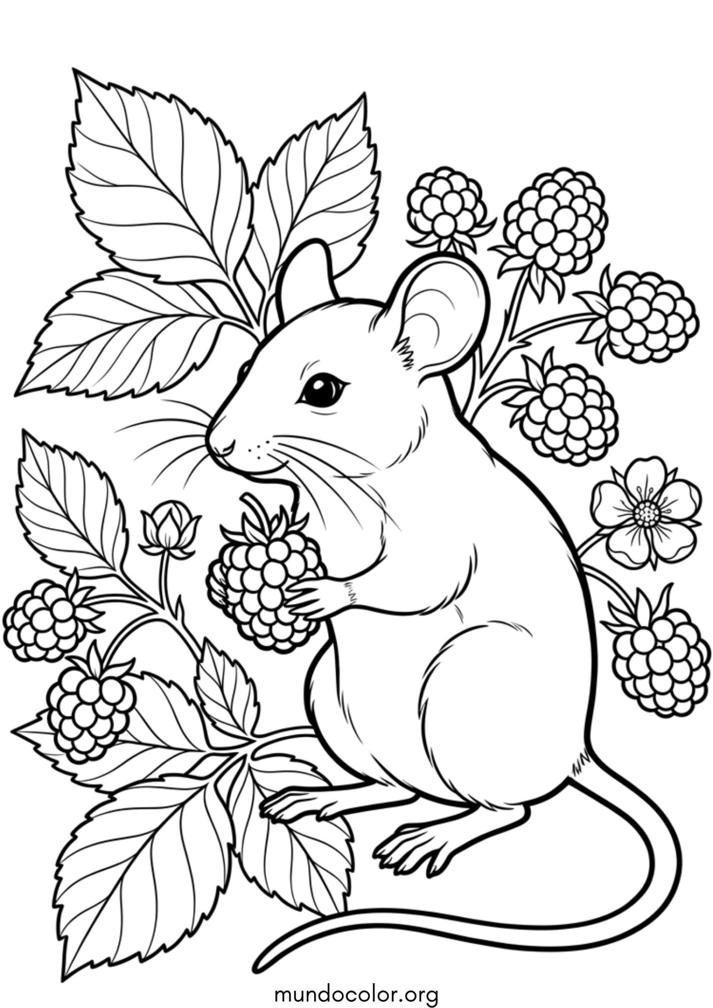 Dibujo de Ratón de campo con moras y hojas para colorear