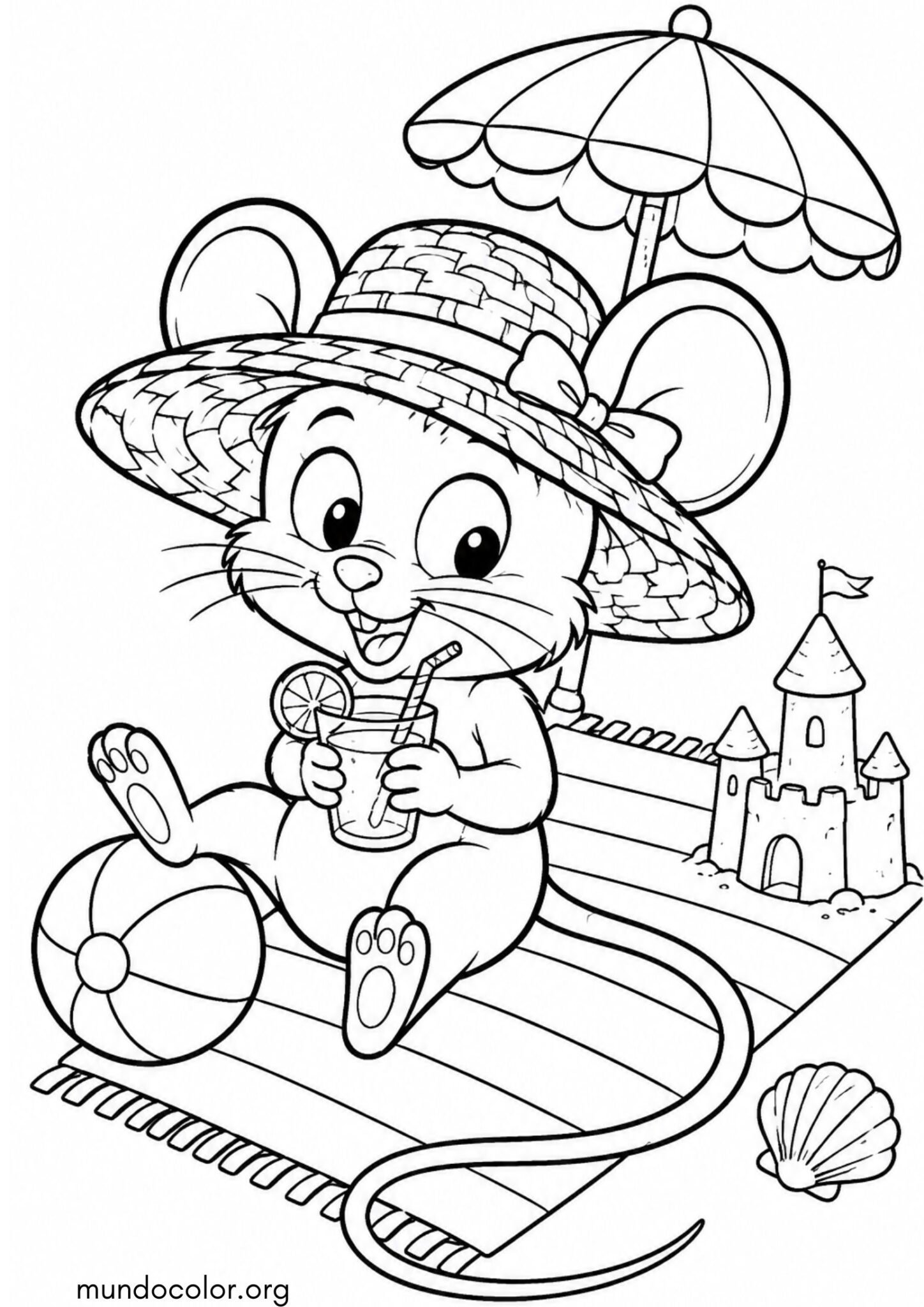 Dibujo de Ratón de playa con sombrero de paja y sombrilla para colorear