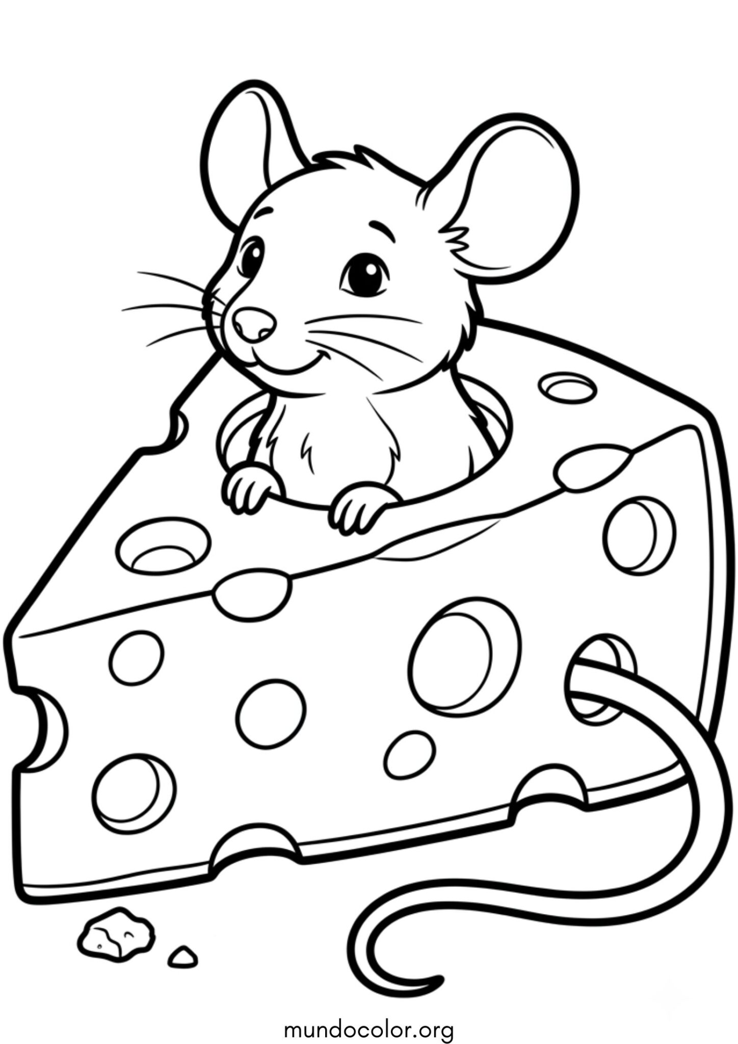 Dibujo de Ratón dentro de un queso con agujeros para colorear