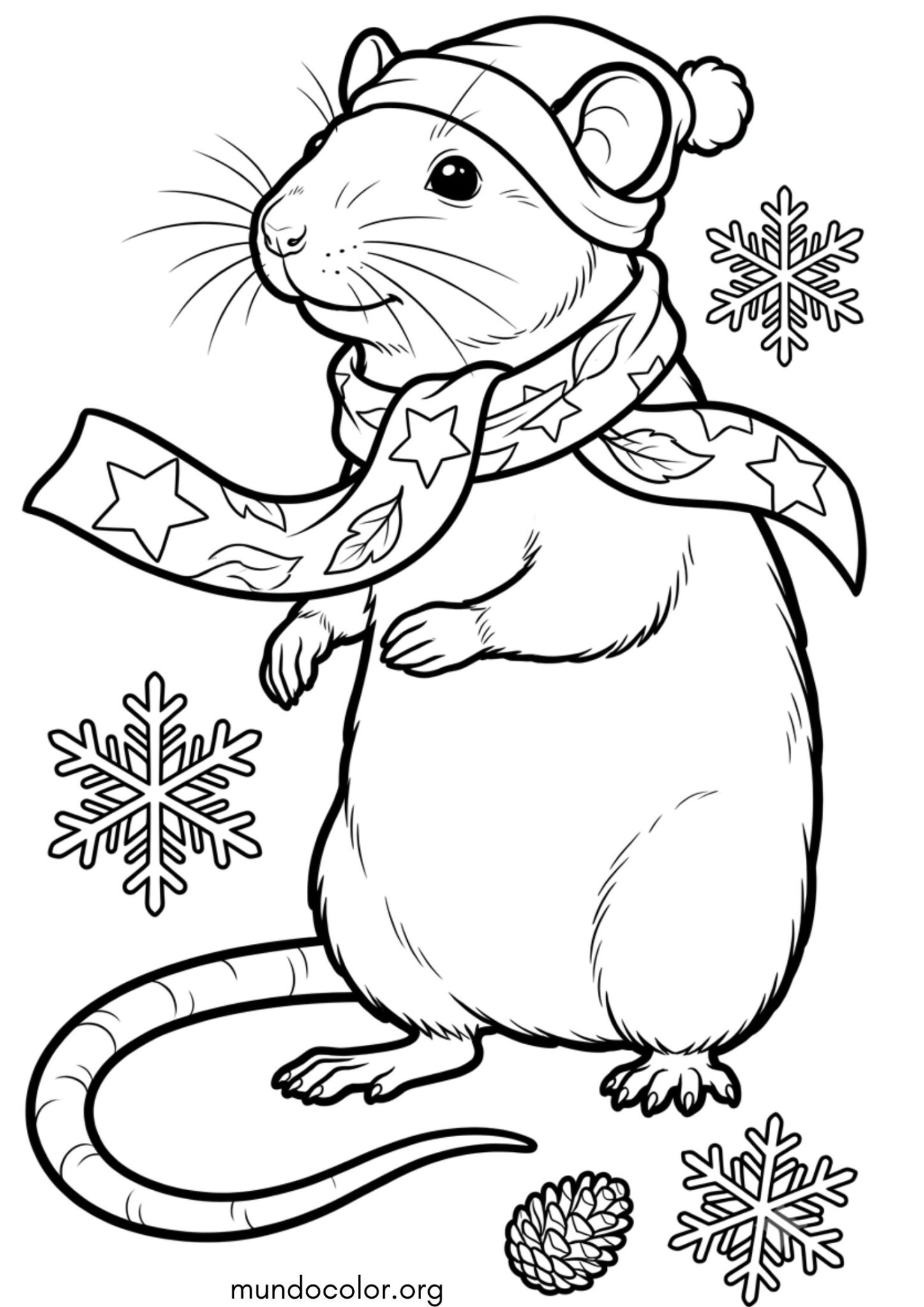 Dibujo de Rata abrigada con una bufanda y gorro para colorear