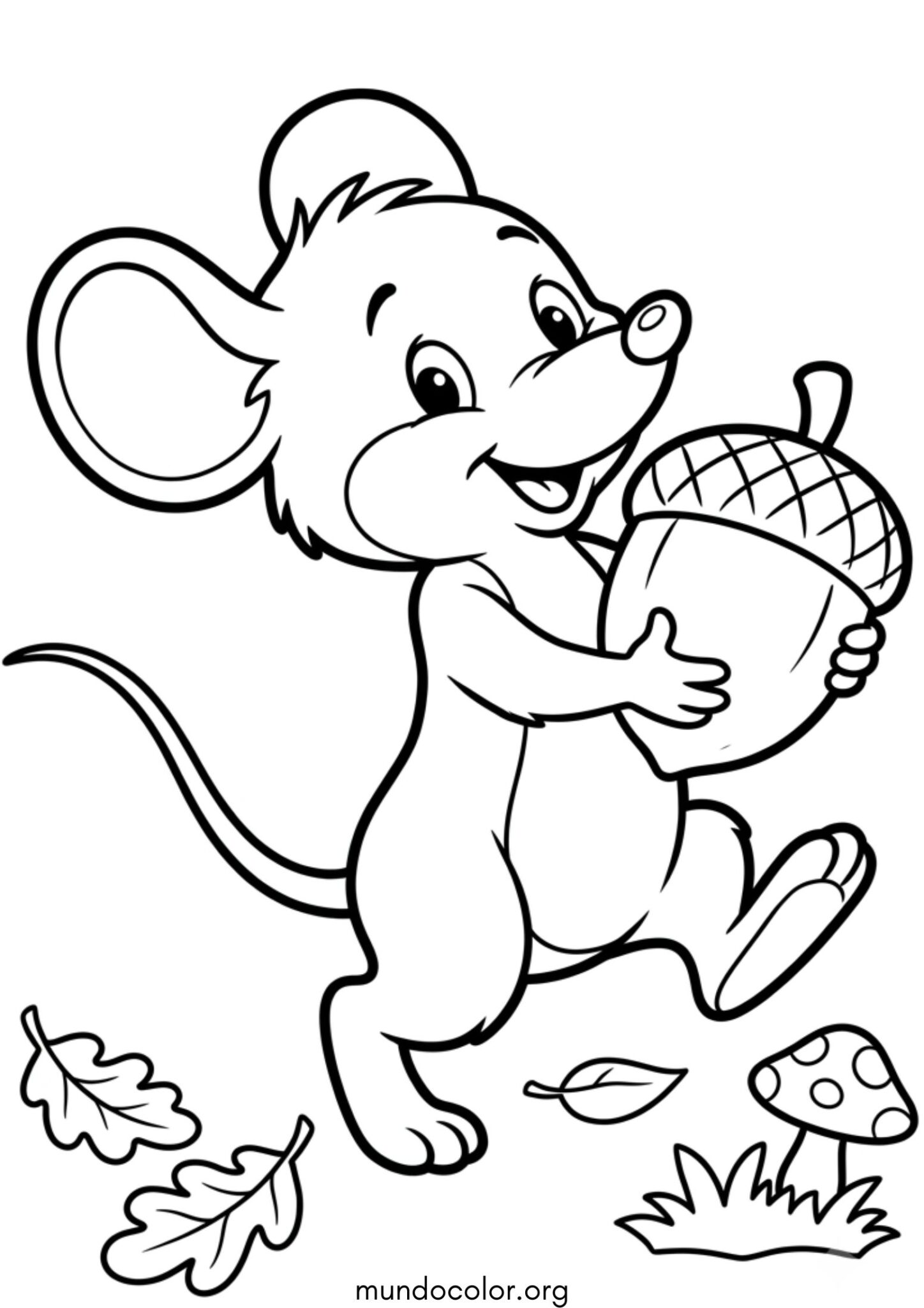 Dibujo de Ratoncito con una bellota en el bosque para colorear