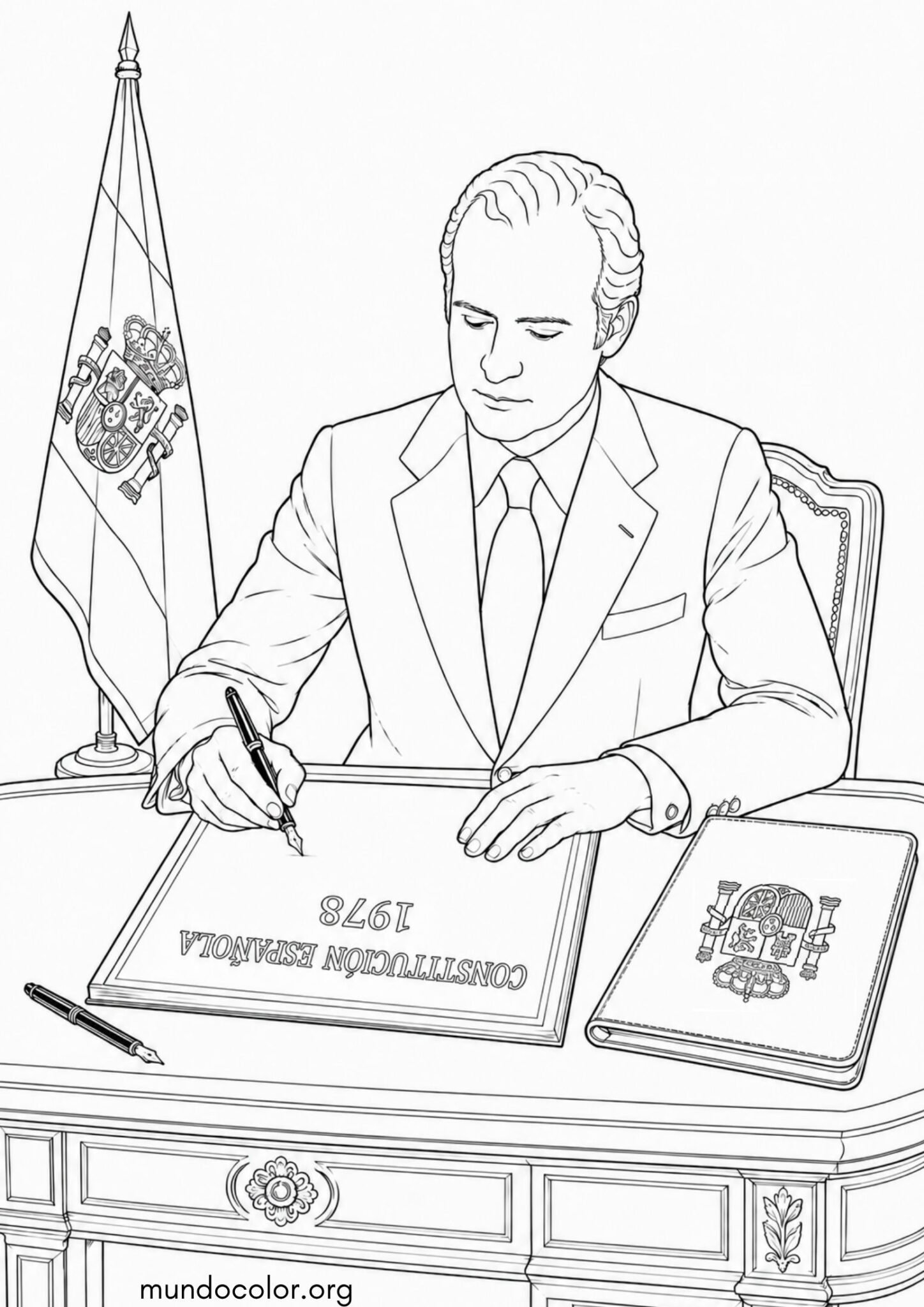 Dibujo de Rey Juan Carlos I firmando la Constitución de 1978 dibujo histórico para colorear