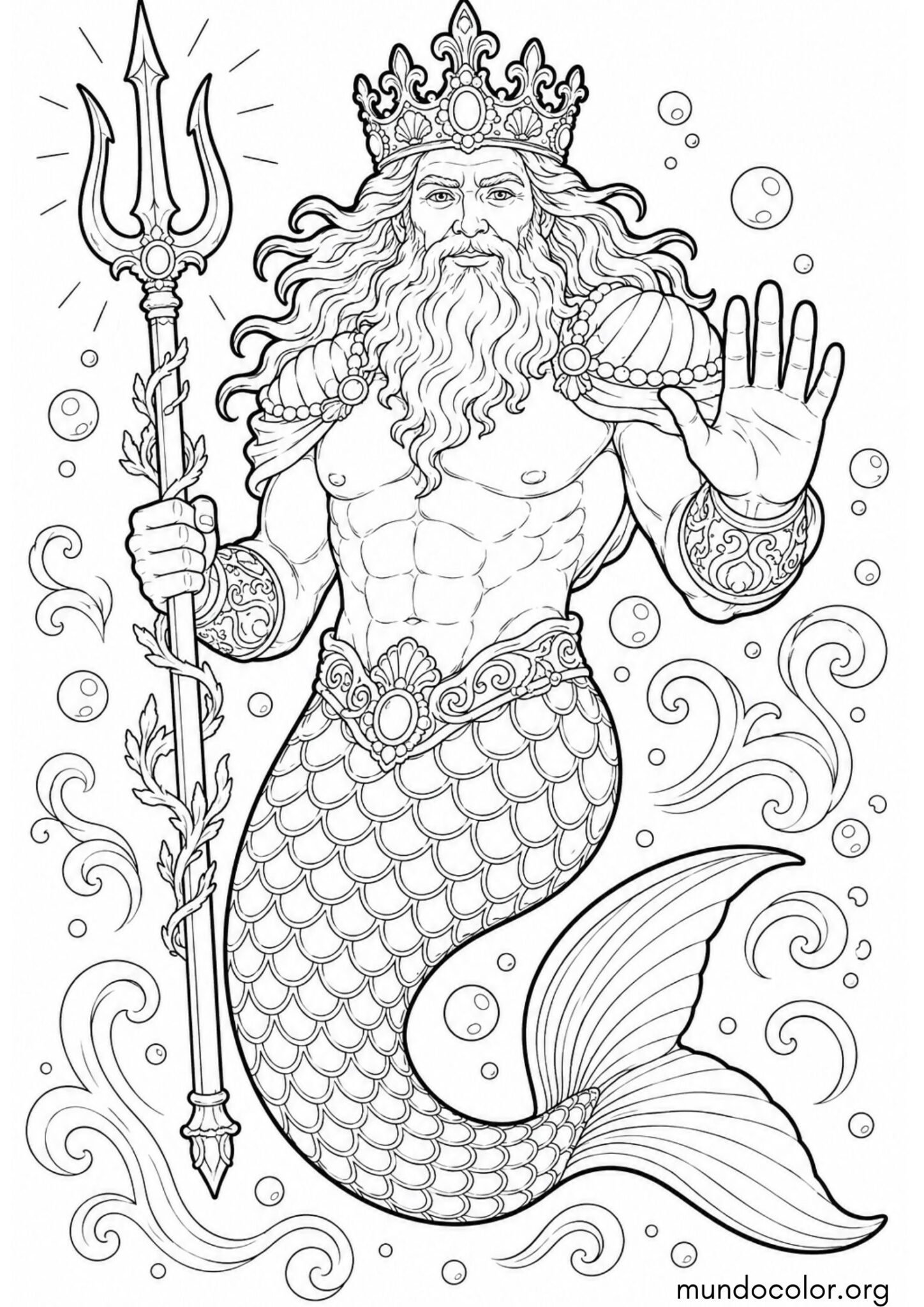 Dibujo de Rey del océano con barba, corona dorada y tridente mágico para imprimir Dibujo de Rey del océano con barba, corona dorada y tridente mágico para colorear