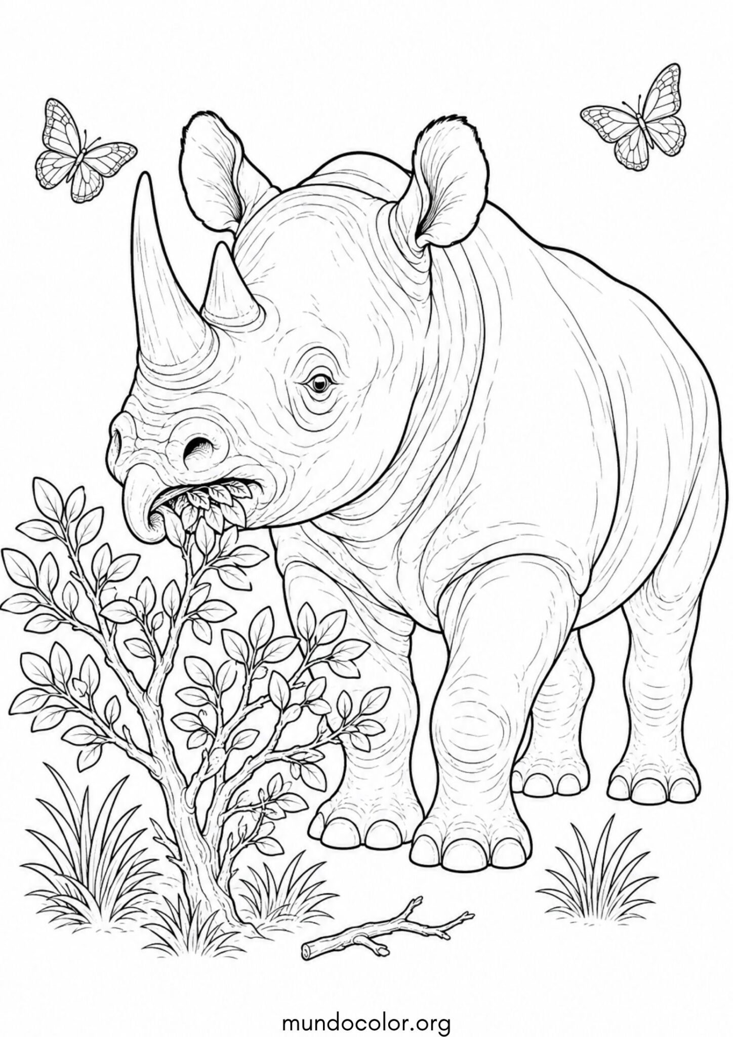 Dibujo de Rinoceronte comiendo hojas verdes en la sabana para colorear