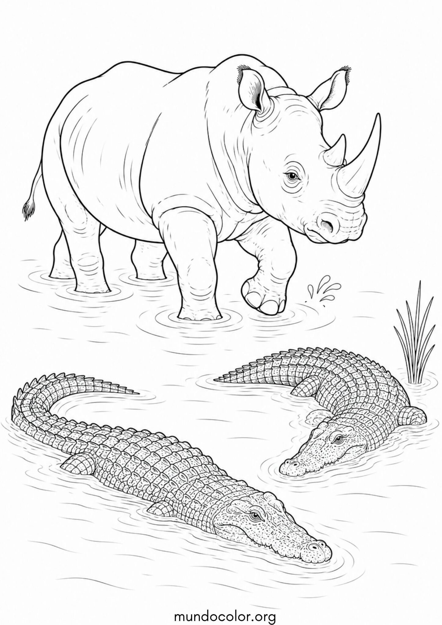 Dibujo de Rinoceronte cruzando el río con cocodrilos para colorear