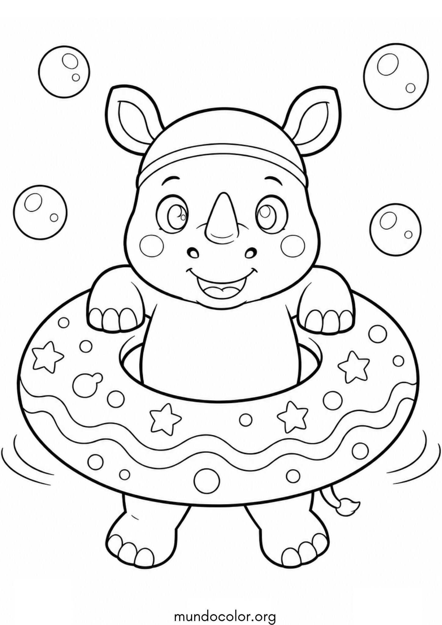 Dibujo de Rinoceronte tierno flotando en un salvavidas estilo kawaii para imprimir Dibujo de Rinoceronte tierno flotando en un salvavidas estilo kawaii para colorear