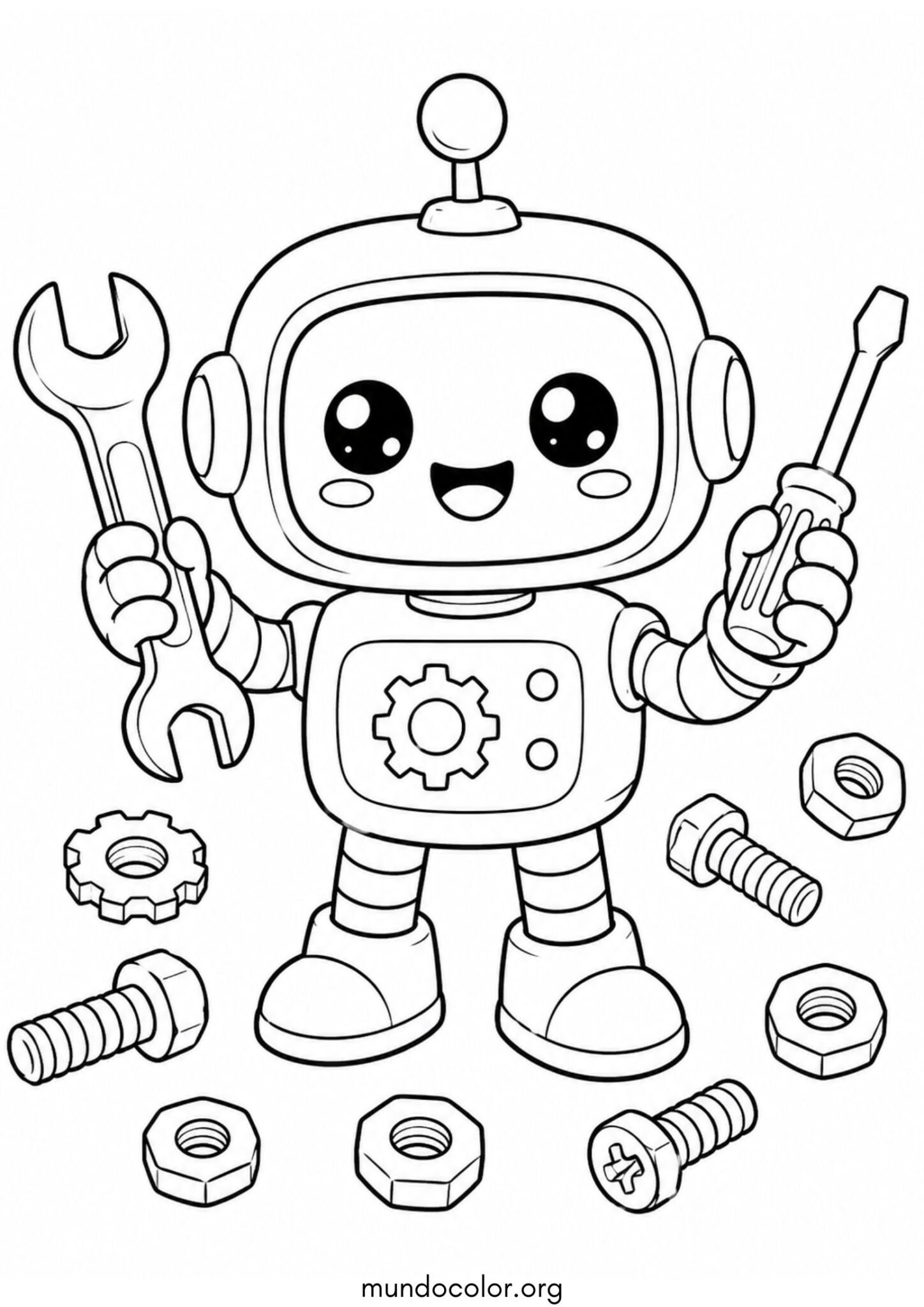 Dibujo de Día Mundial de la Ciencia – Robot kawaii sonriente con herramientas y tuercas para colorear