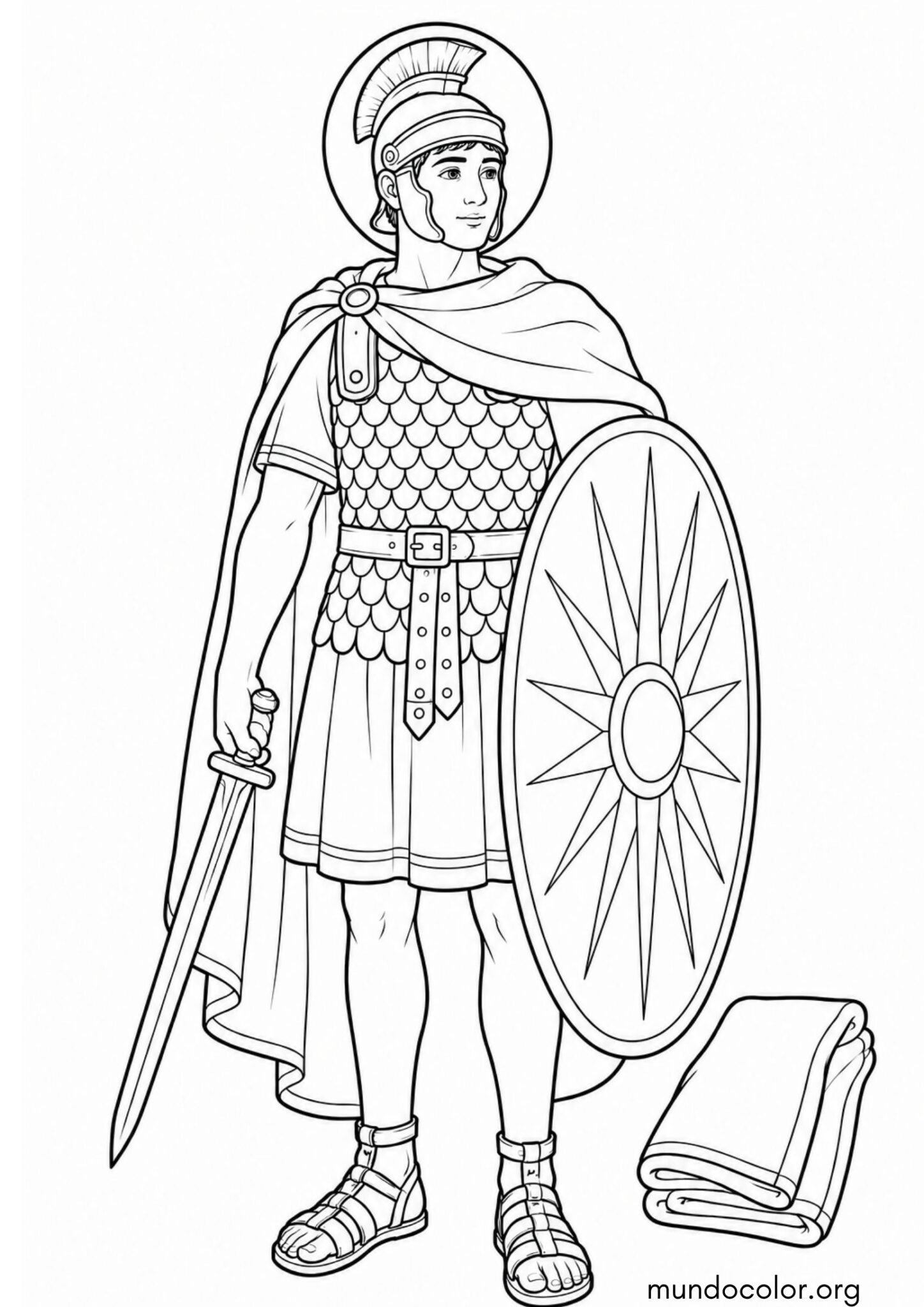 Dibujo de San Martín soldado romano: casco, espada y escudo para colorear