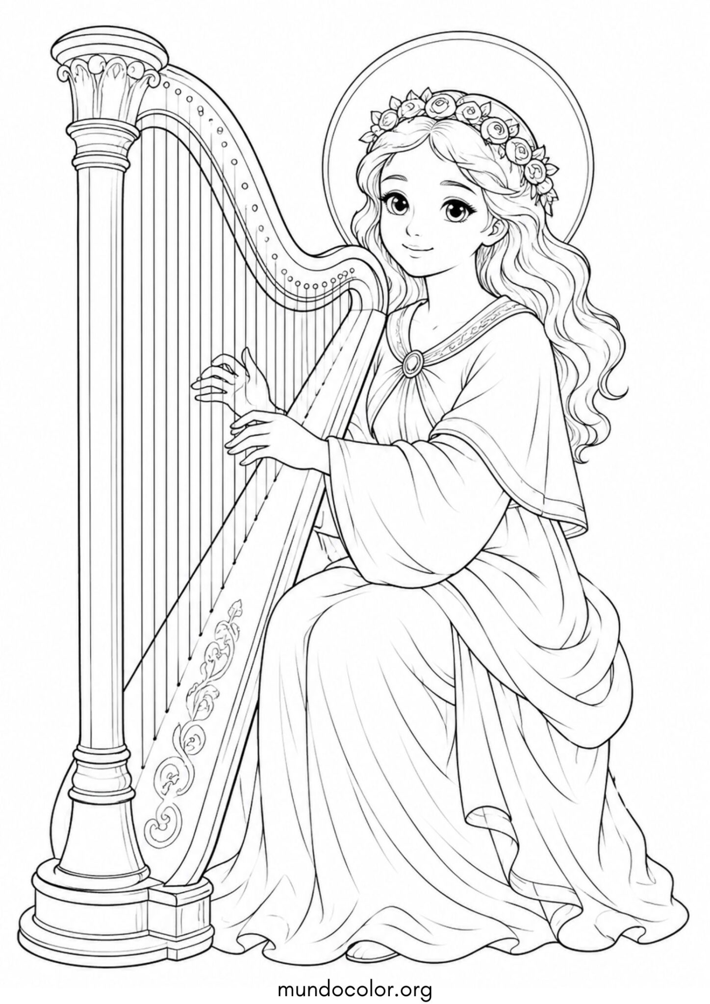 Dibujo de Santa Cecilia patrona de la música tocando el arpa para colorear