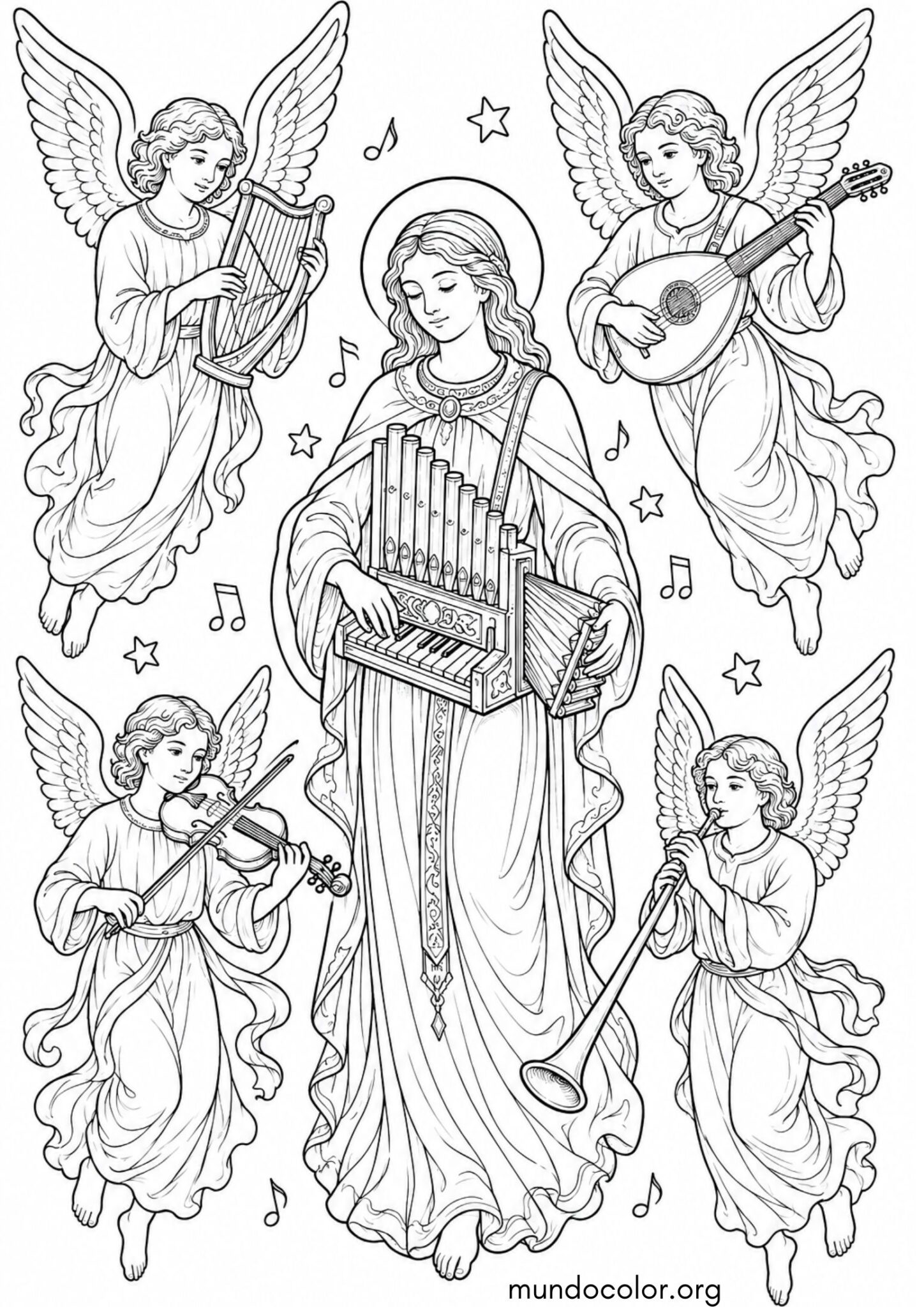Dibujo de Santa Cecilia rodeada de ángeles con instrumentos musicales para colorear