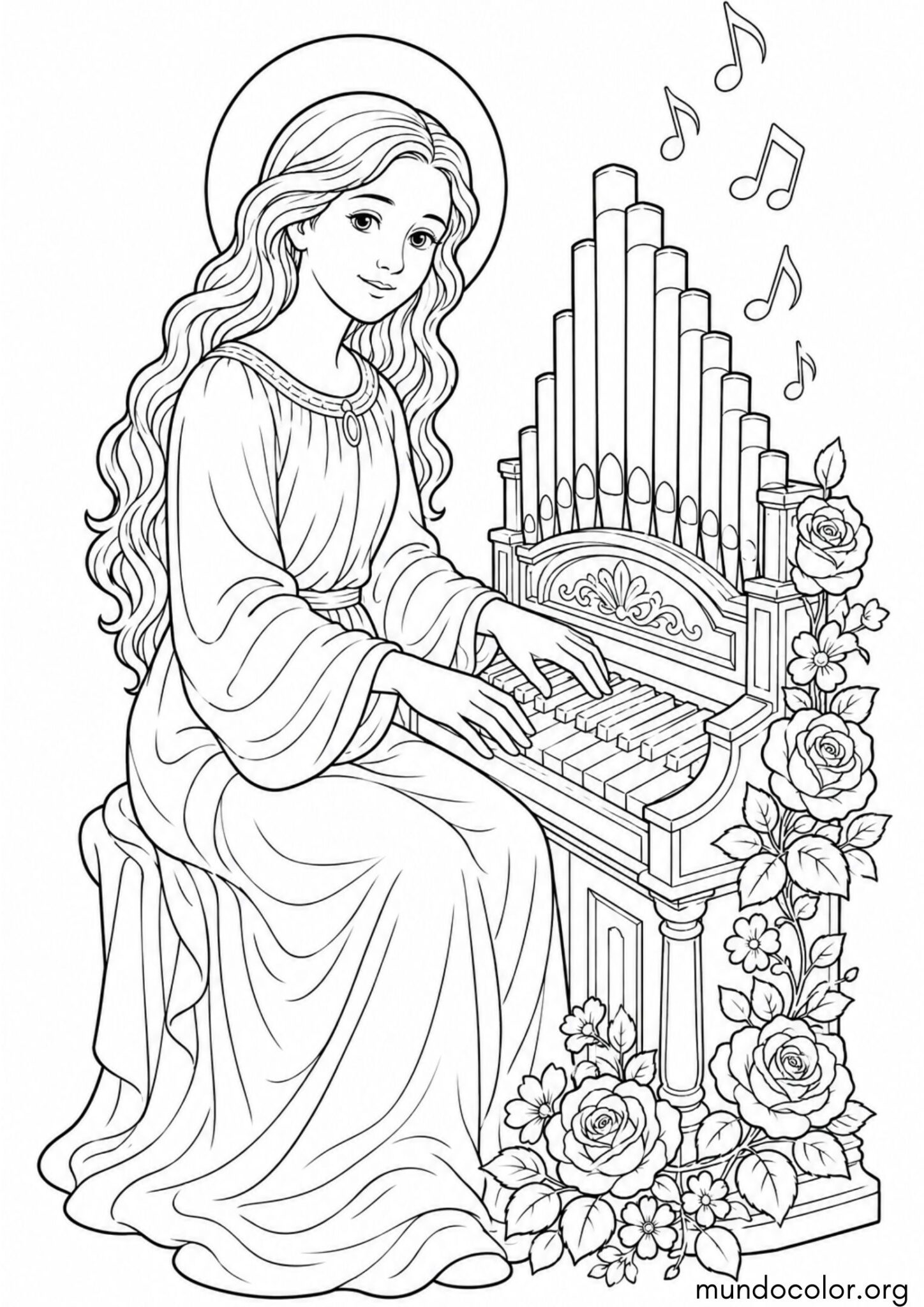 Dibujo de Santa Cecilia tocando el órgano con rosas y flores para colorear
