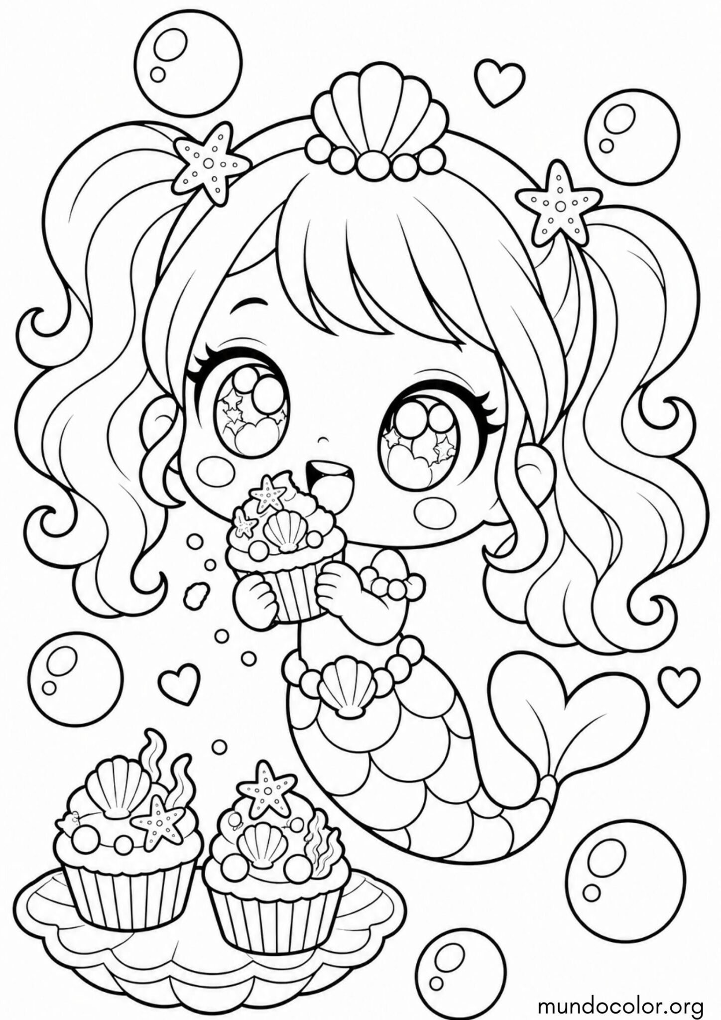 Dibujo de Sirena Chibi de grandes ojos brillantes comiendo cupcakes marinos para imprimir Dibujo de Sirena Chibi de grandes ojos brillantes comiendo cupcakes marinos para colorear