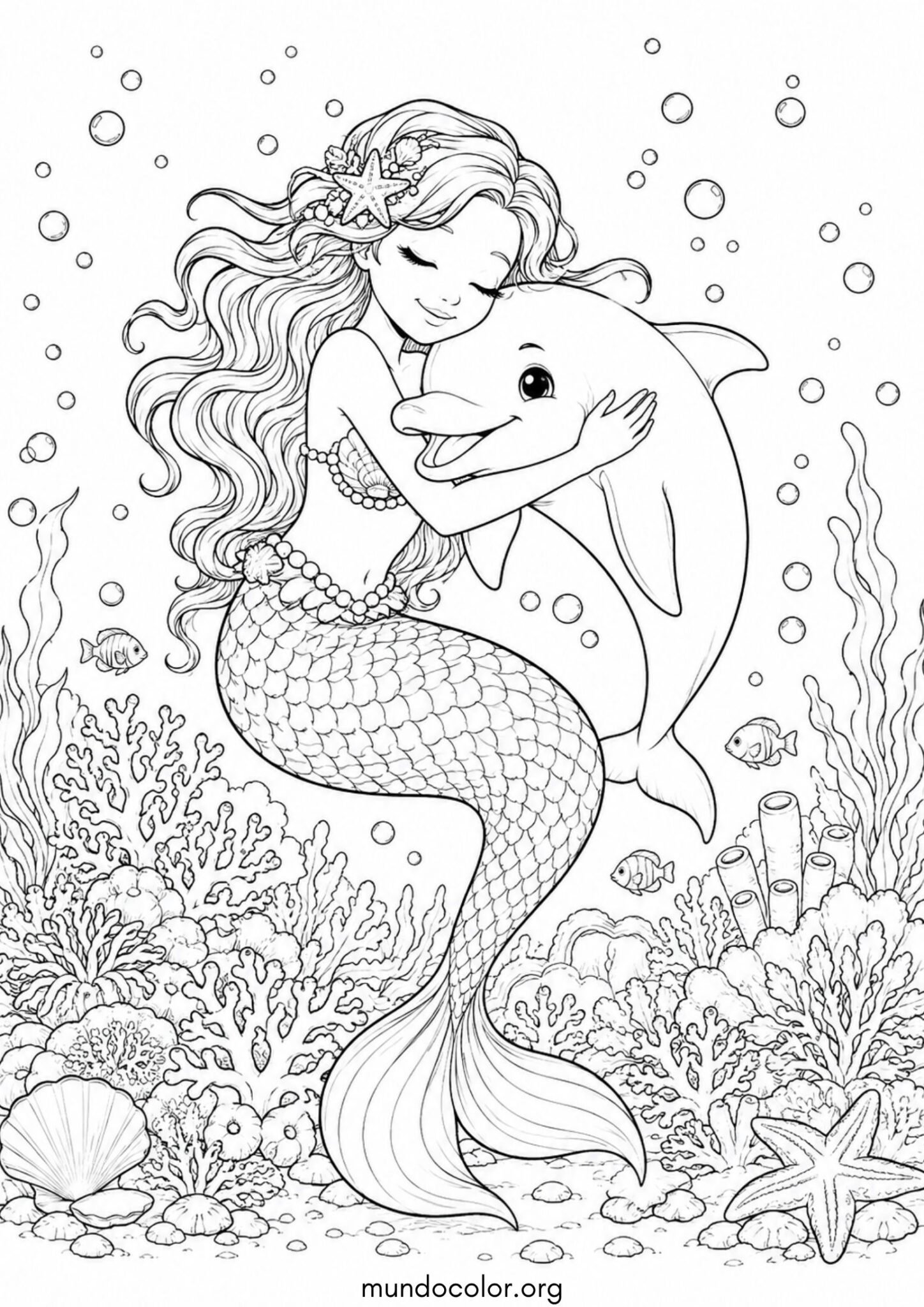 Dibujo de Sirena abrazando a un delfín feliz en el arrecife de coral para imprimir Dibujo de Sirena abrazando a un delfín feliz en el arrecife de coral para colorear