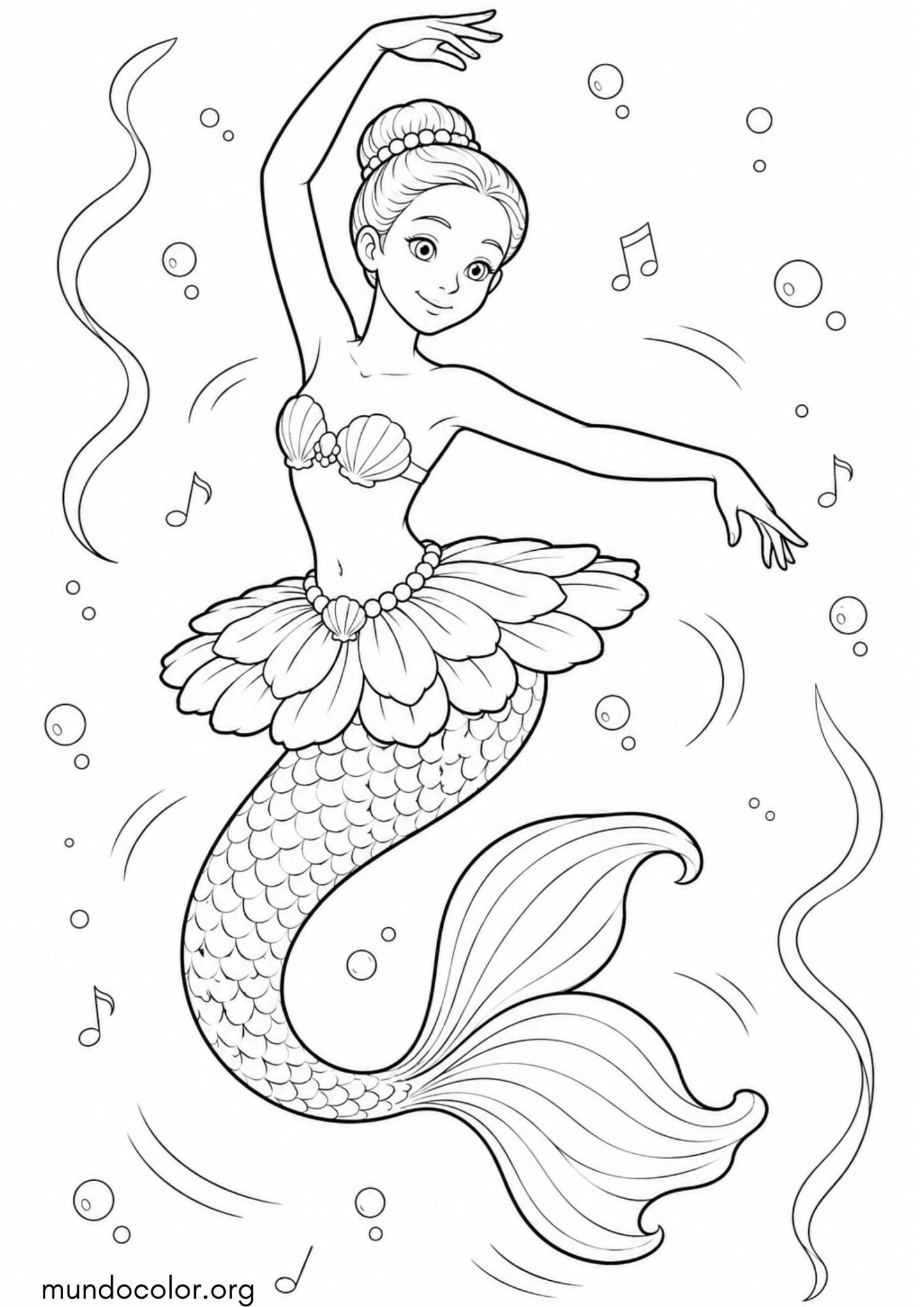 Dibujo de Sirena bailarina haciendo piruetas acuáticas con cintas de algas para imprimir Dibujo de Sirena bailarina haciendo piruetas acuáticas con cintas de algas para colorear
