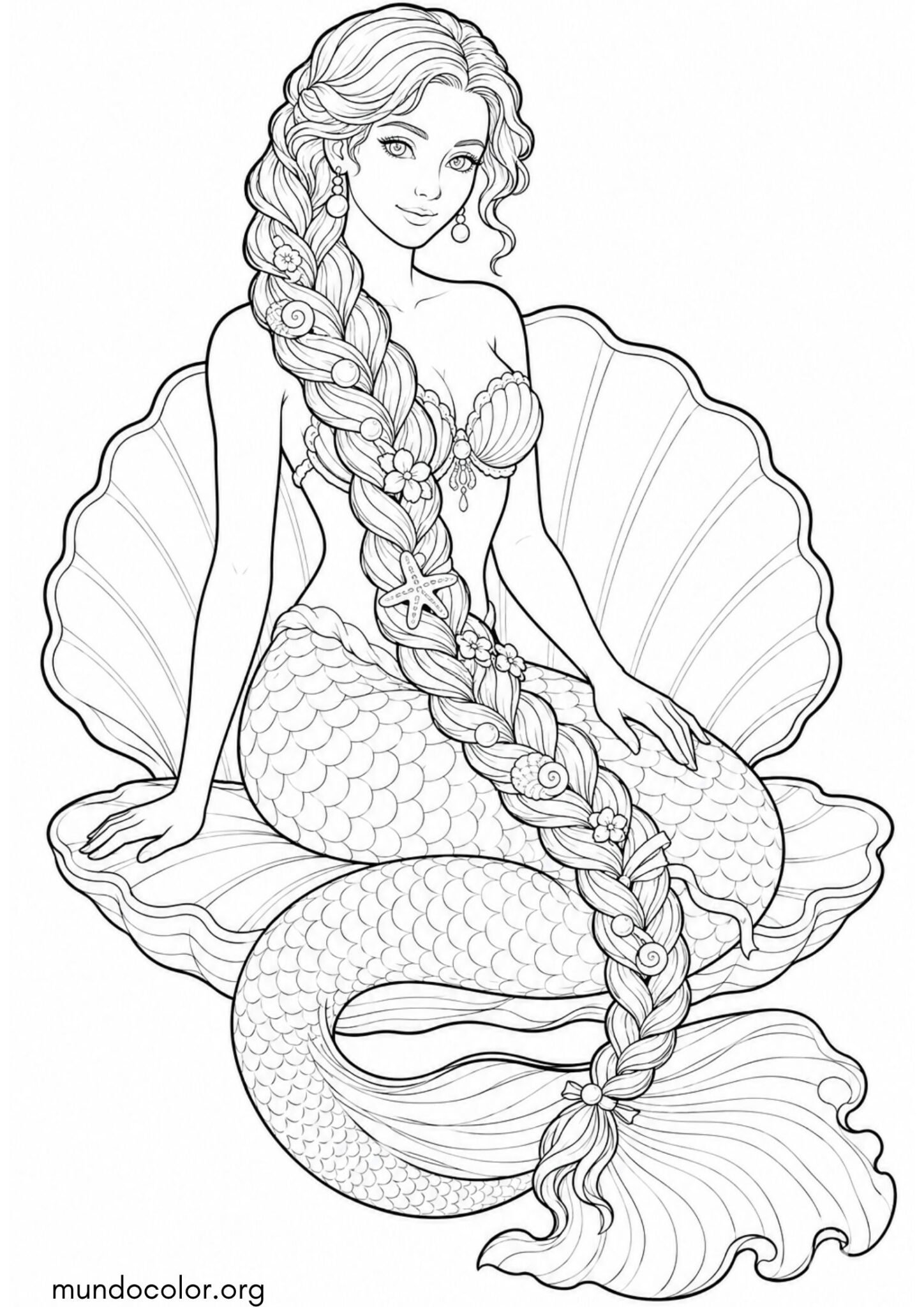 Dibujo de Sirena con trenza larga decorada con perlas, caracolas y flores para imprimir Dibujo de Sirena con trenza larga decorada con perlas, caracolas y flores para colorear