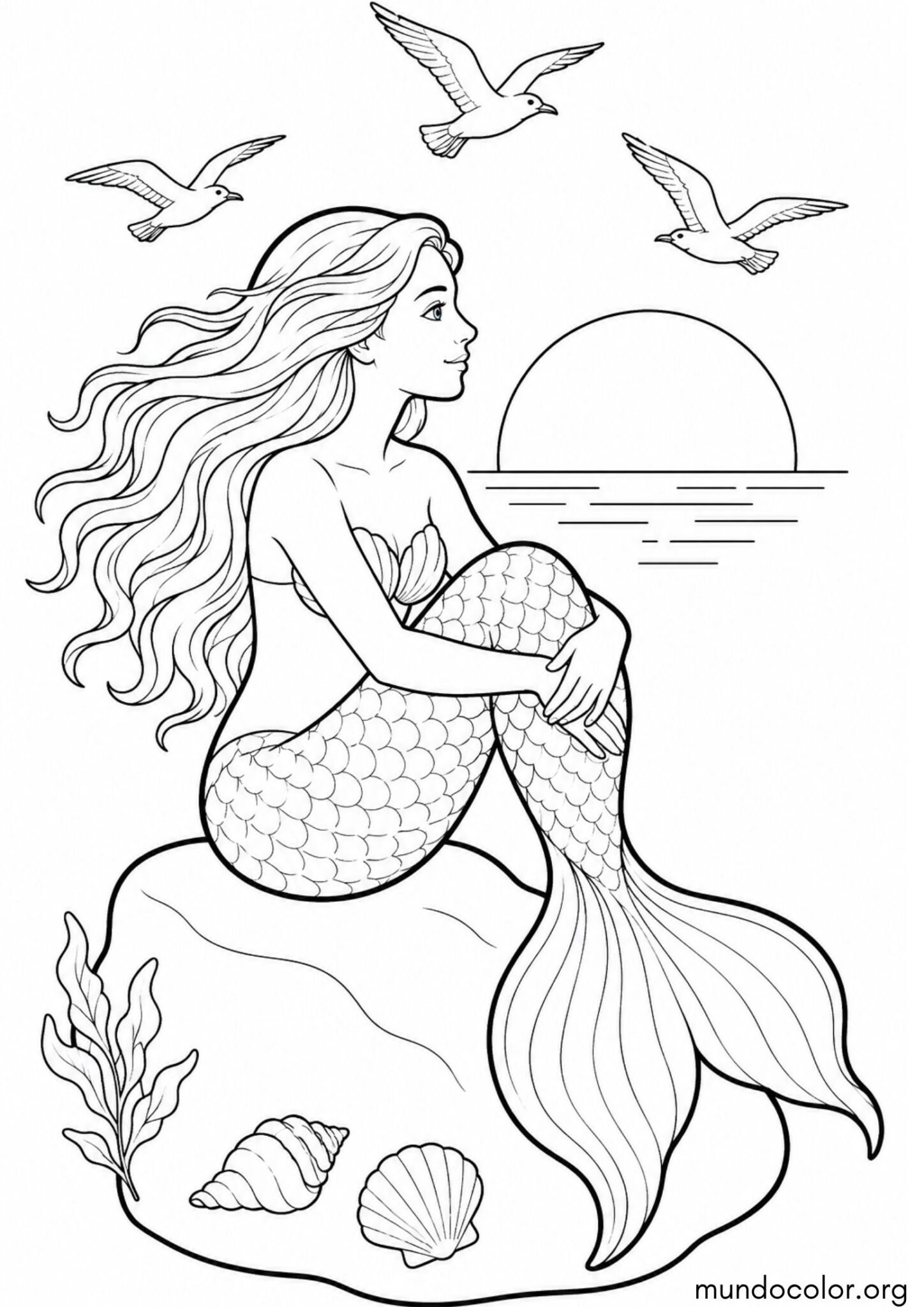 Dibujo de Sirena contemplando el atardecer y las gaviotas volando para imprimir Dibujo de Sirena contemplando el atardecer y las gaviotas volando para colorear