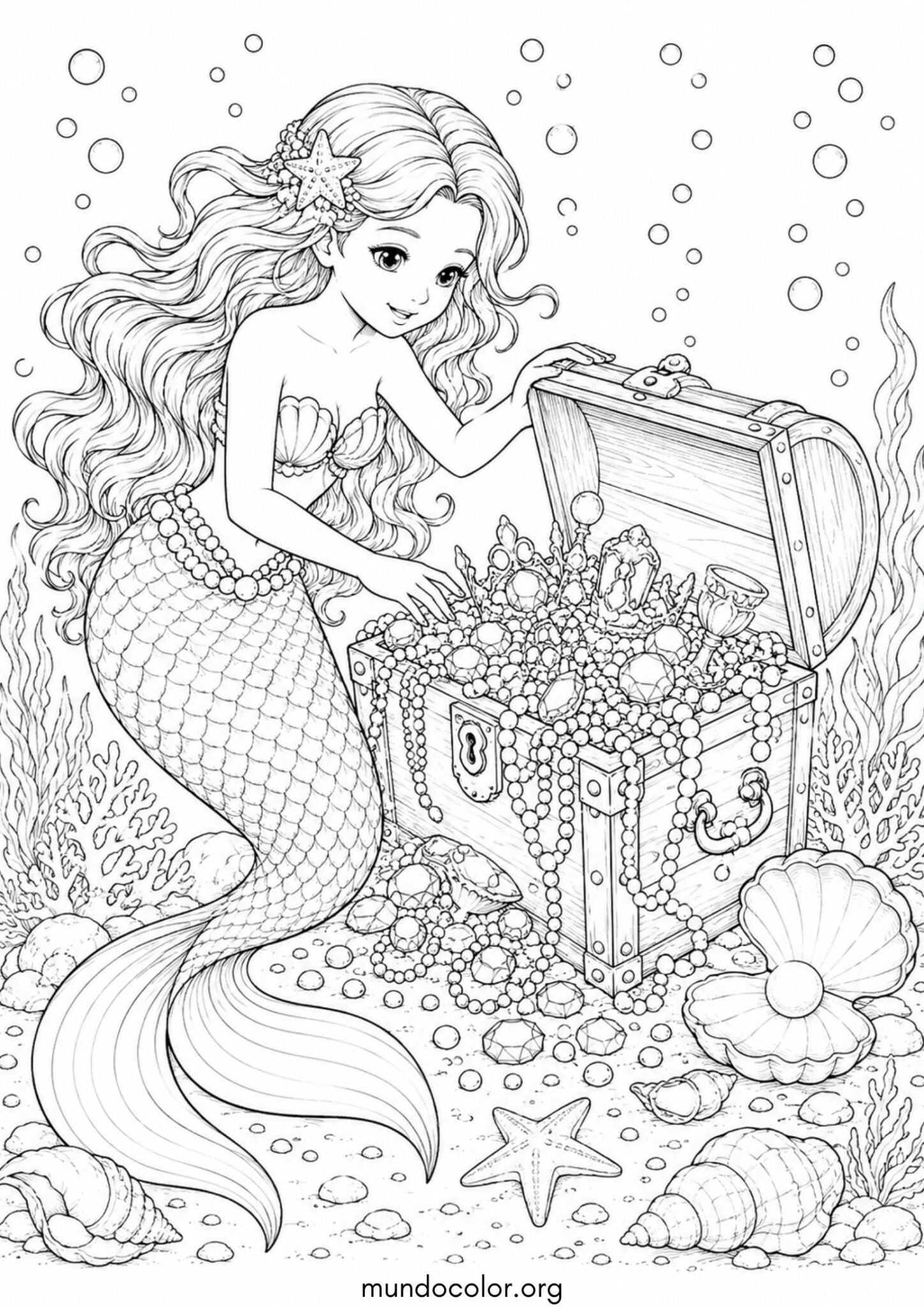 Dibujo de Sirena descubriendo un cofre del tesoro lleno de joyas y perlas para colorear