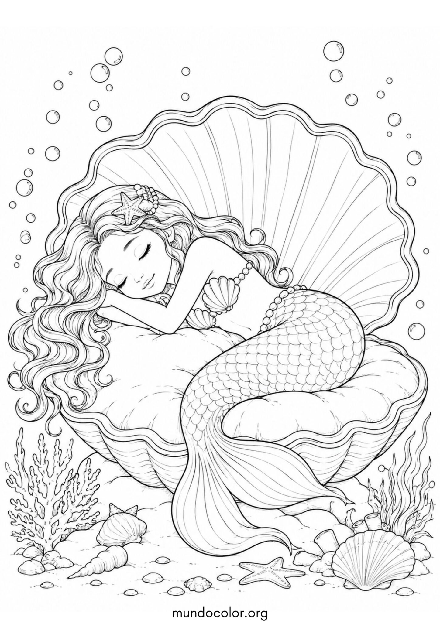 Dibujo de Sirena durmiendo plácidamente sobre una almeja con burbujas para imprimir Dibujo de Sirena durmiendo plácidamente sobre una almeja con burbujas para colorear