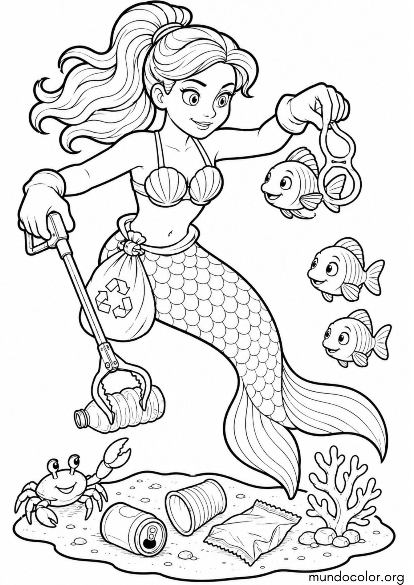 Dibujo de Sirena ecologista limpiando el fondo del mar y salvando a los pece para colorear