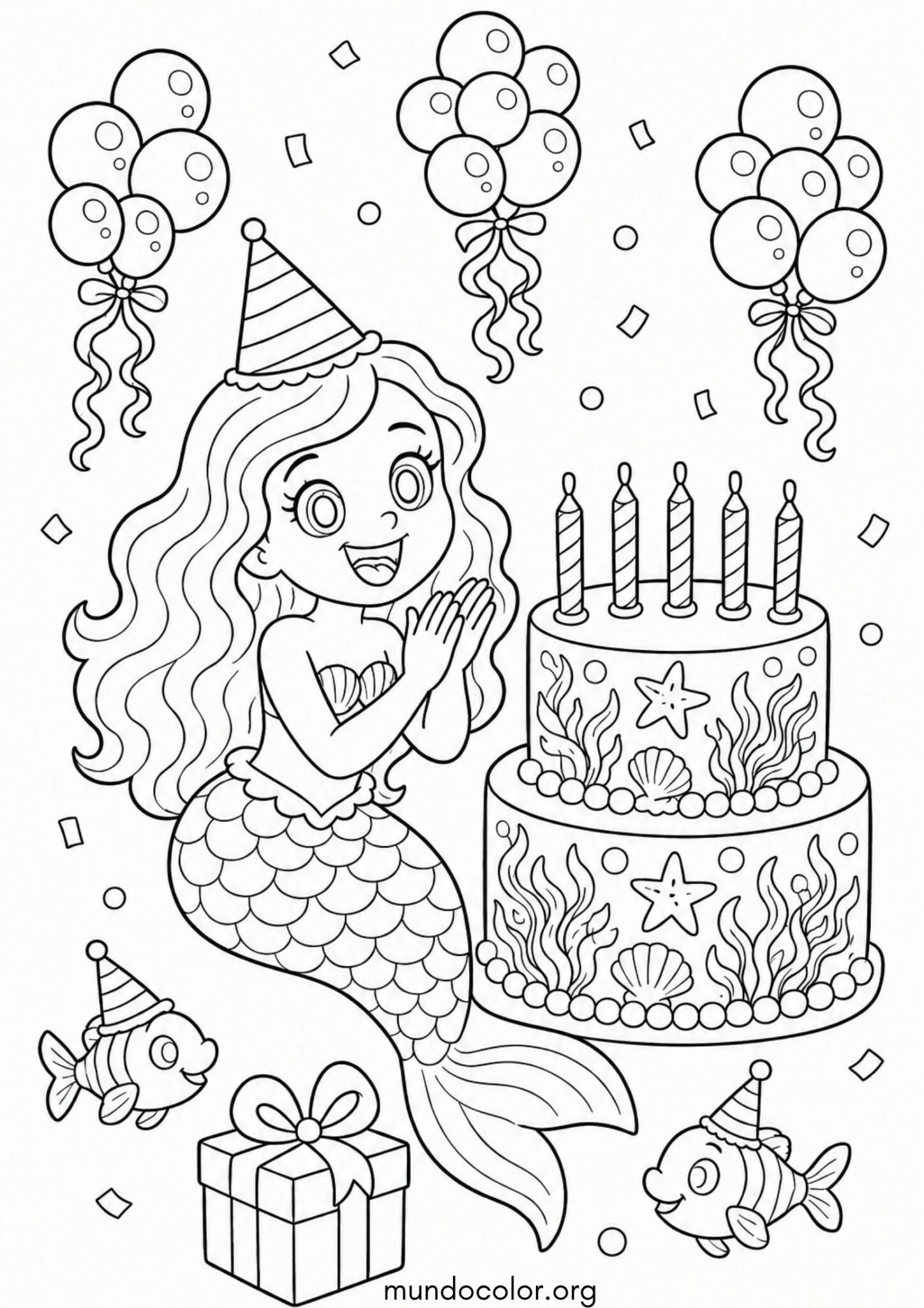 Dibujo de Sirena festejando su cumpleaños bajo el agua con pastel de algas para colorear