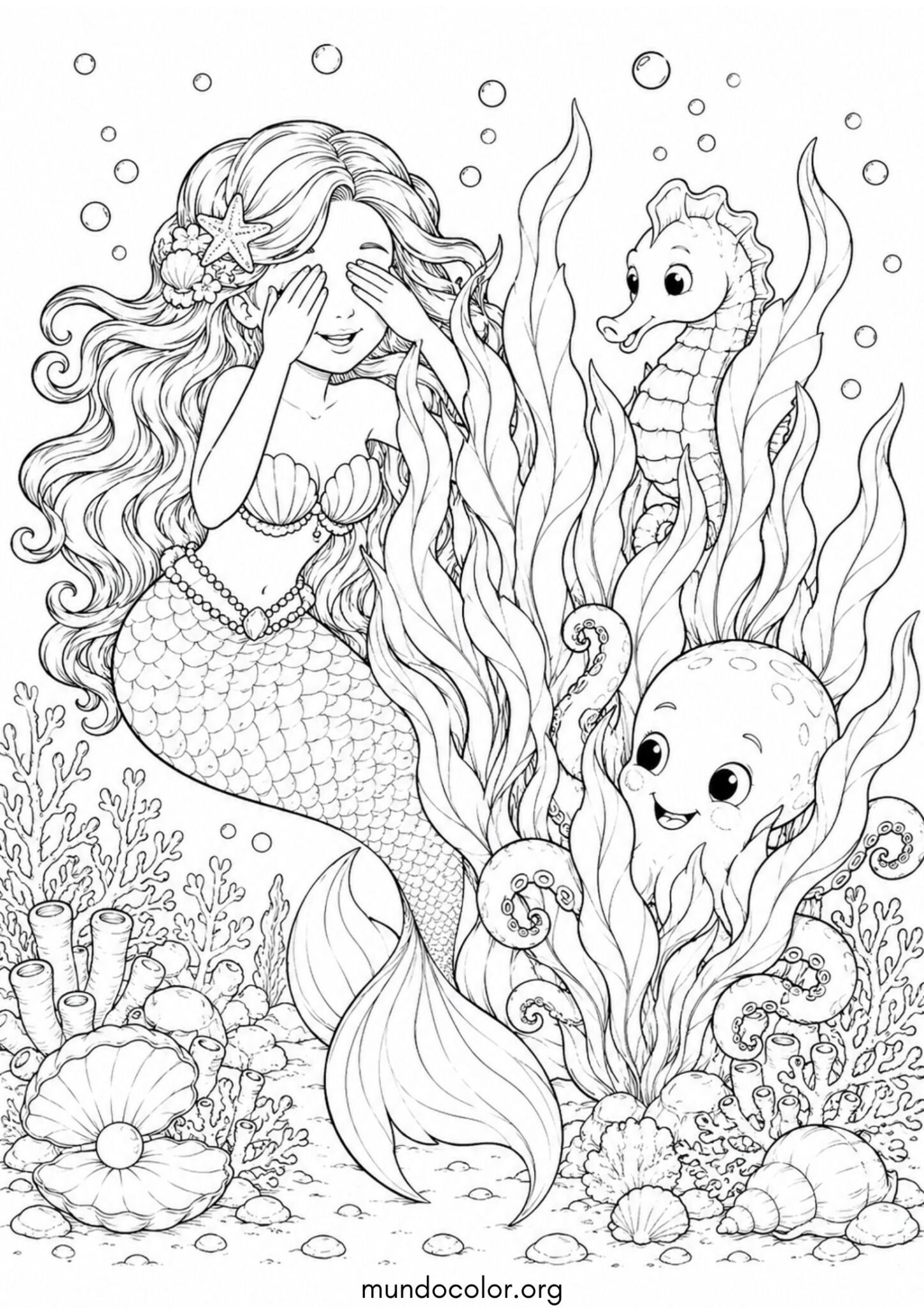 Dibujo de Sirena jugando al escondite con un caballito de mar y un pulpo para imprimir Dibujo de Sirena jugando al escondite con un caballito de mar y un pulpo para colorear