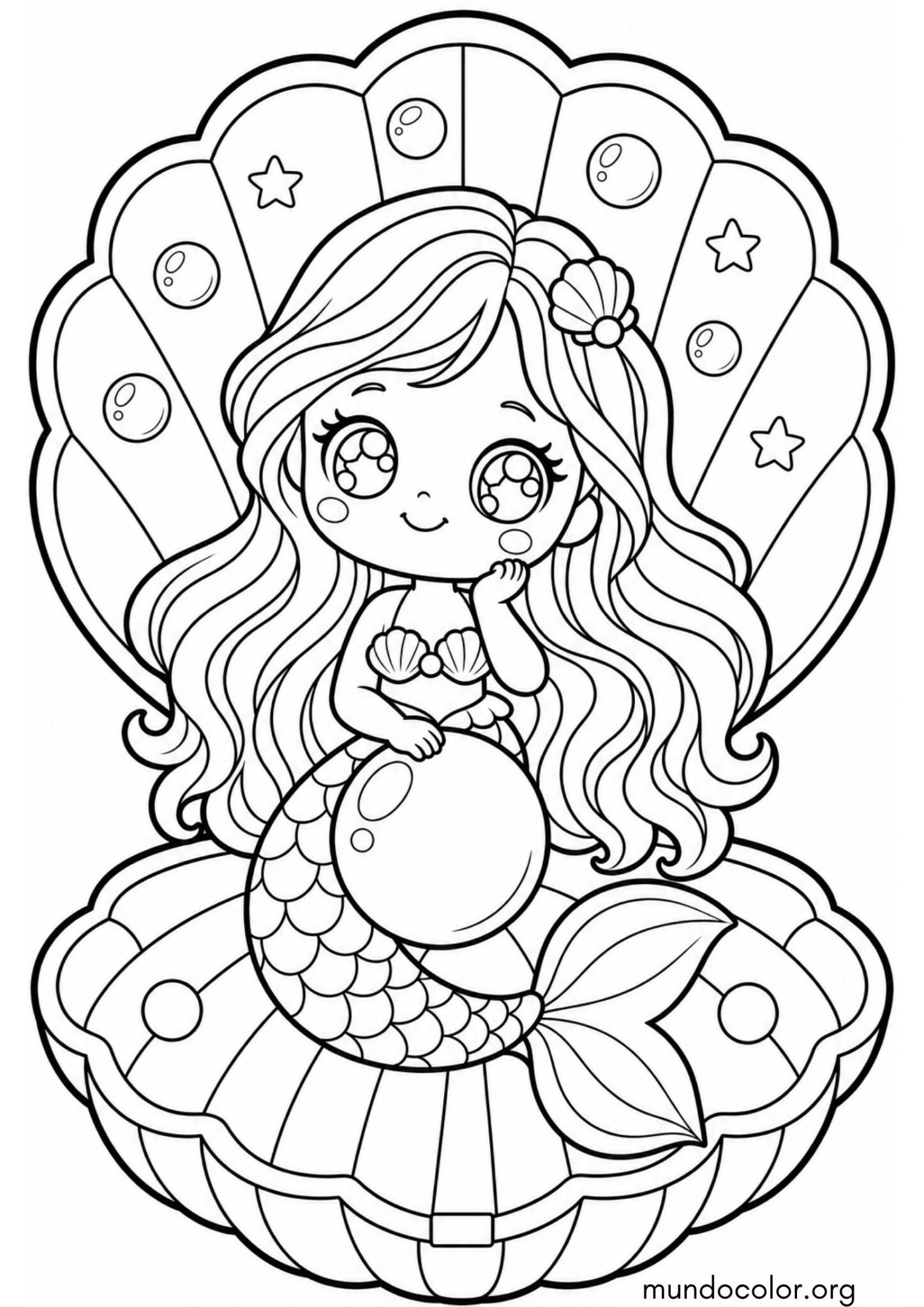 Dibujo de Sirena kawaii sentada en una concha de perla gigante para imprimir Dibujo de Sirena kawaii sentada en una concha de perla gigante para colorear
