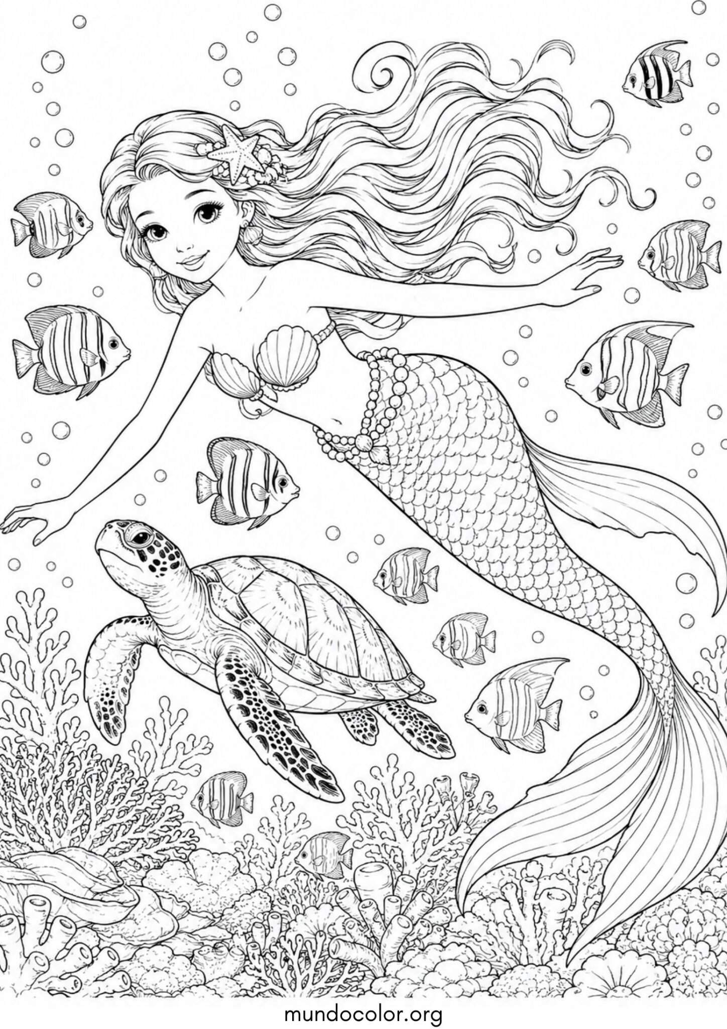 Dibujo de Sirena nadando junto a una tortuga marina y pececitos tropicales para imprimir Dibujo de Sirena nadando junto a una tortuga marina y pececitos tropicales para colorear