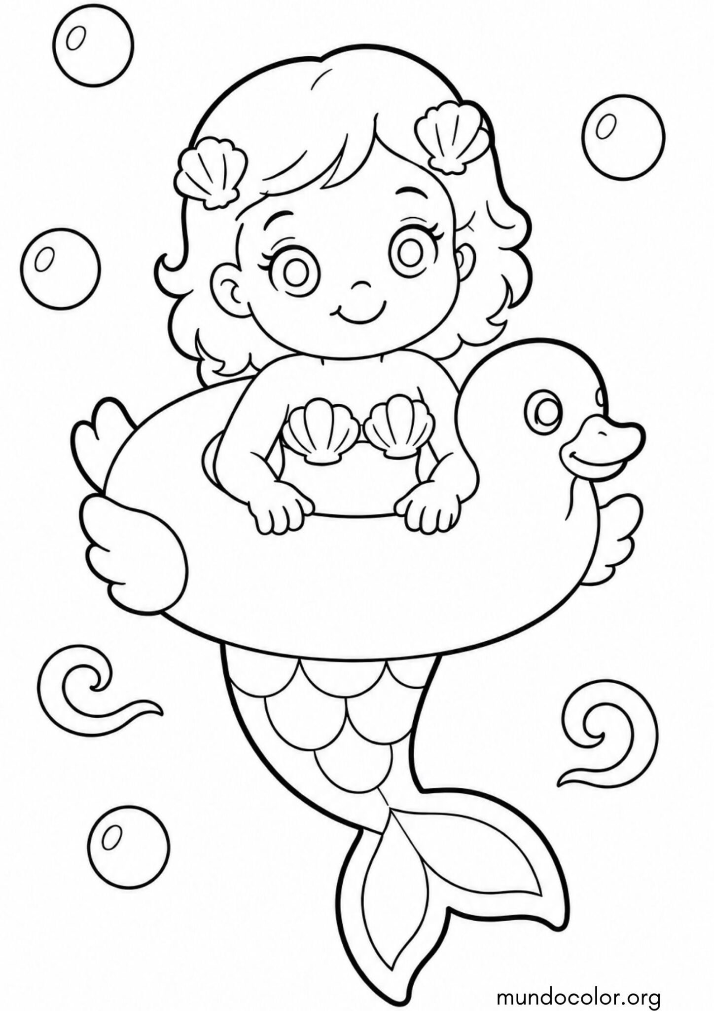 Dibujo de Sirenita bebé sonriente nadando con flotador de patito para imprimir Dibujo de Sirenita bebé sonriente nadando con flotador de patito para colorear