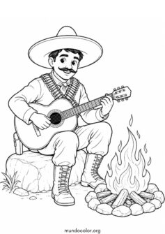 Día de la Revolución Mexicana – Soldado revolucionario tocando la guitarra junto a la fogata