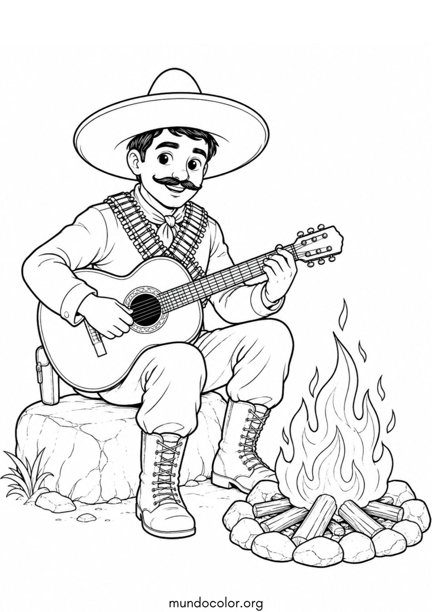 Día de la Revolución Mexicana – Soldado revolucionario tocando la guitarra junto a la fogata para imprimir y pintar Dibujo de Día de la Revolución Mexicana – Soldado revolucionario tocando la guitarra junto a la fogata para colorear