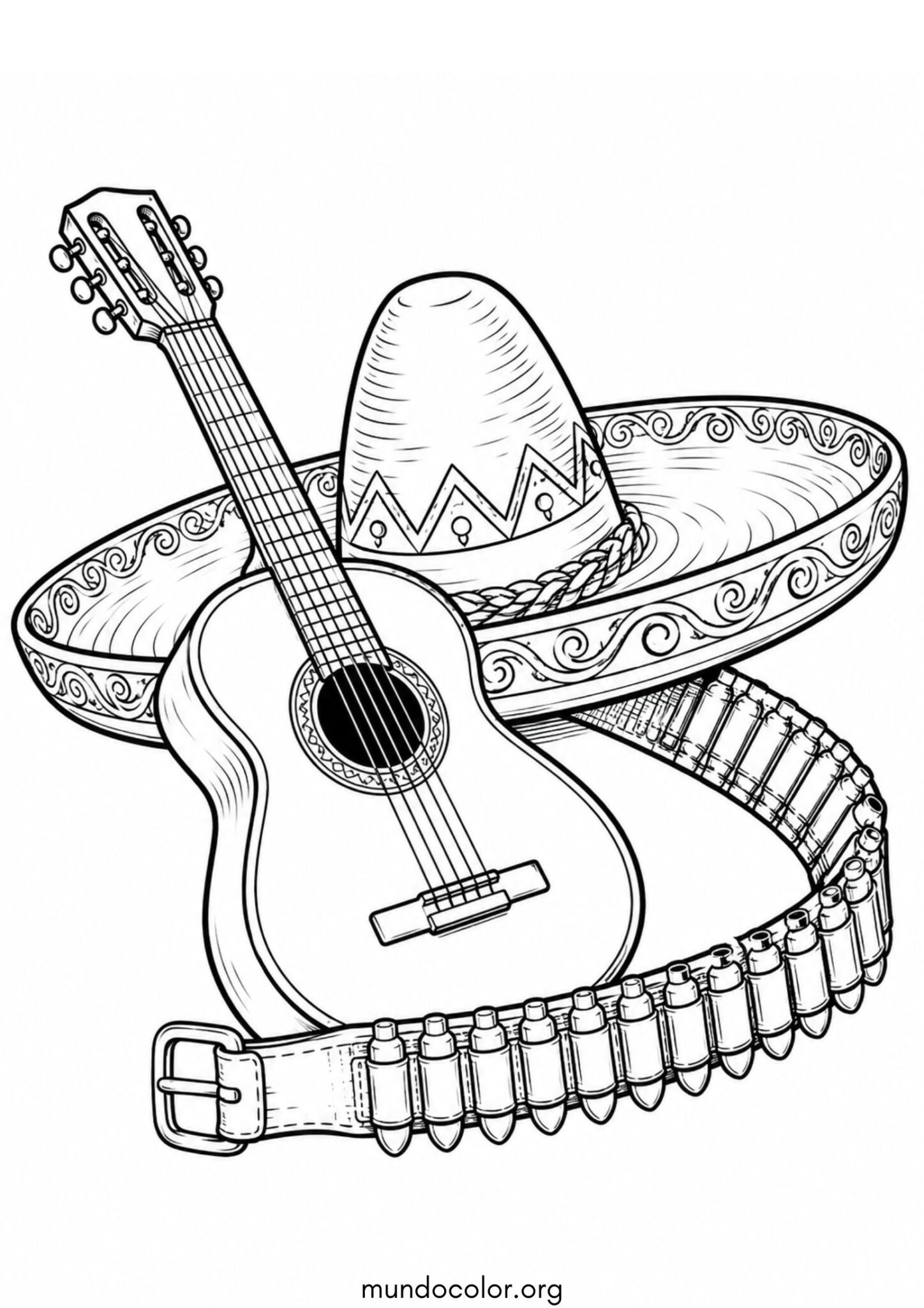Día de la Revolución Mexicana – Sombrero de charro, guitarra y canana de balas para imprimir y pintar Dibujo de Día de la Revolución Mexicana – Sombrero de charro, guitarra y canana de balas para colorear