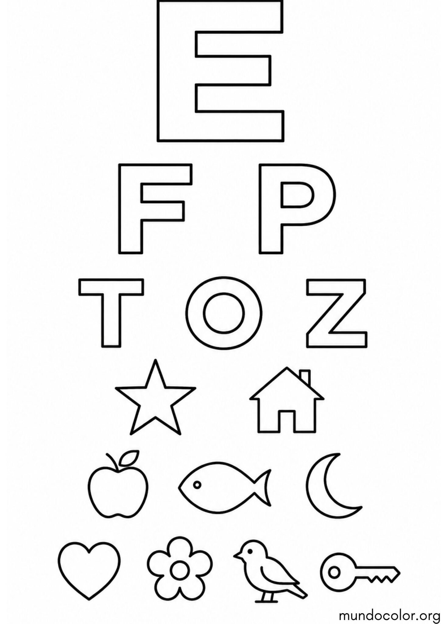 Dibujo de Día Mundial de la Salud – Tabla optométrica con letras y dibujos para revisar la vista para colorear