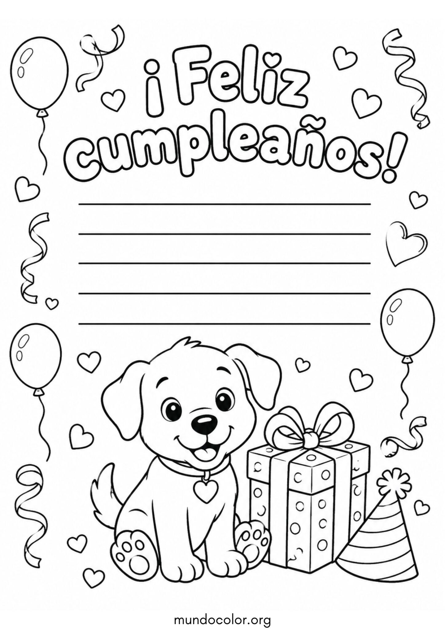 Dibujo de Tarjeta de cumpleaños con perrito feliz para colorear