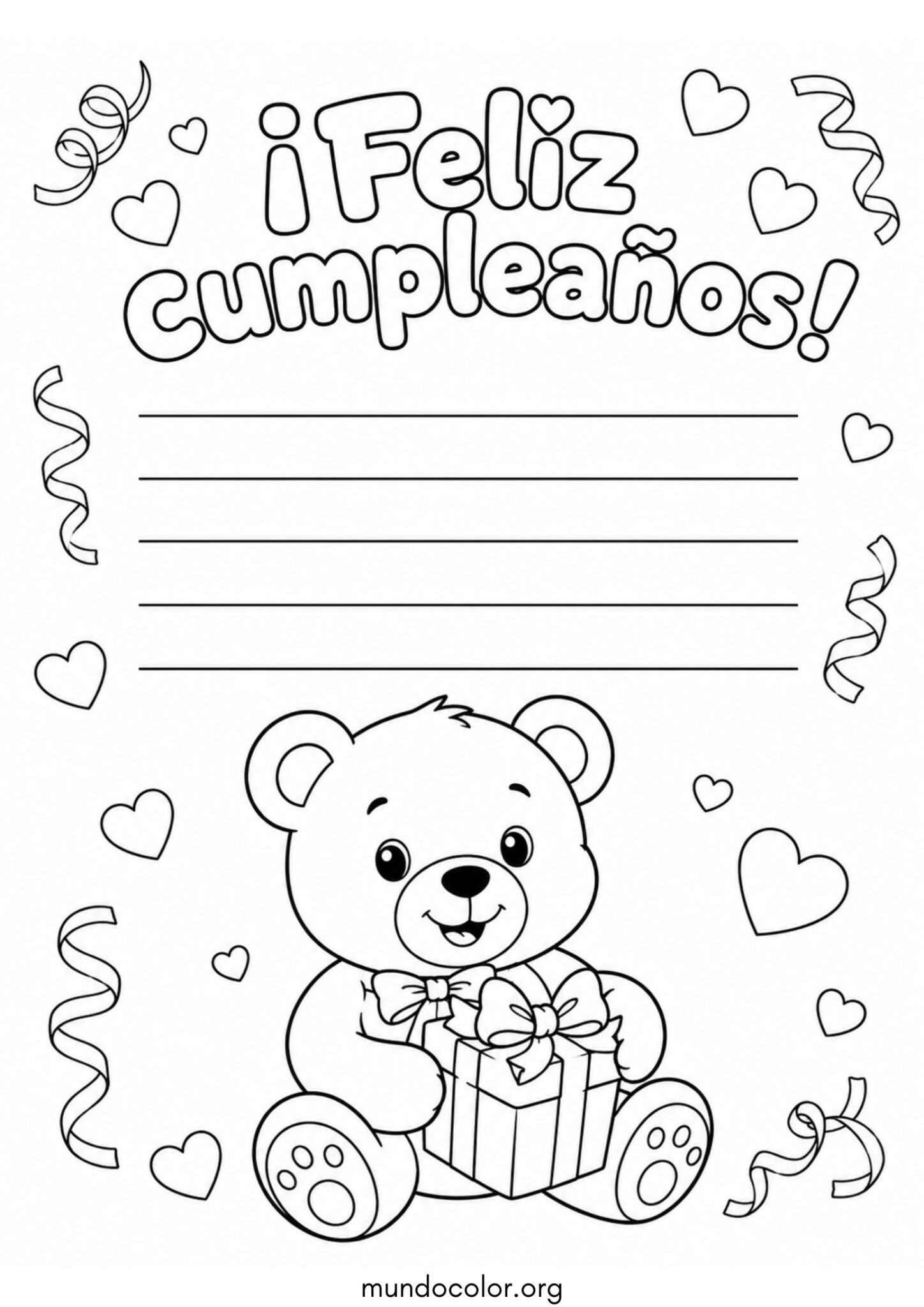 Dibujo de Tarjeta de feliz cumpleaños con osito de peluche para colorear