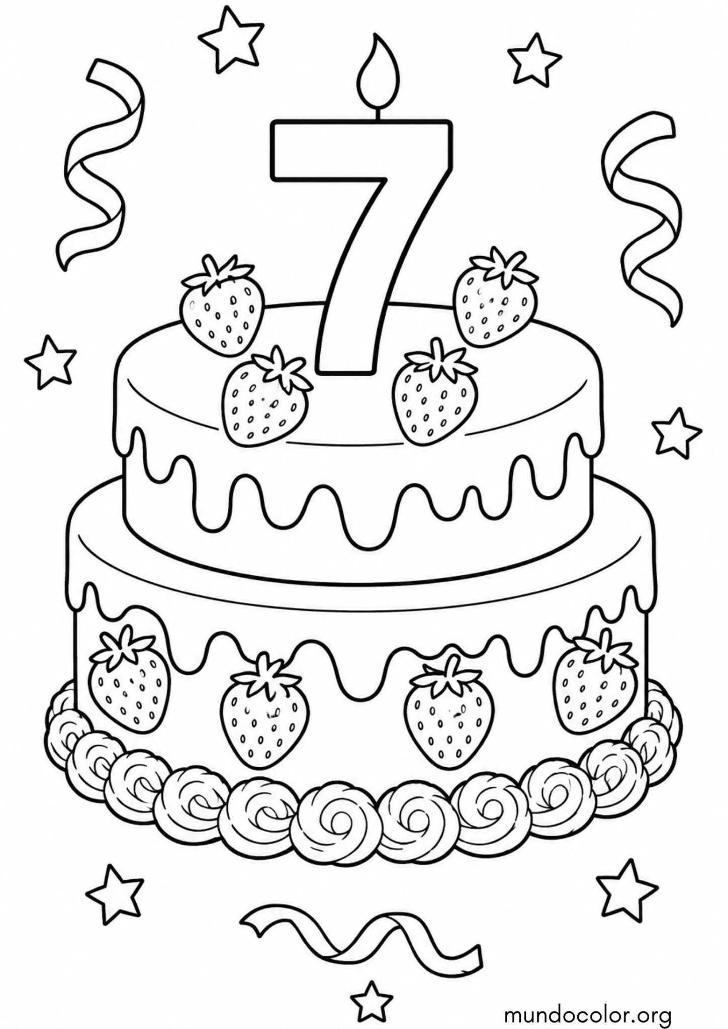 Dibujo de Tarta de cumpleaños con vela del número 7 para colorear