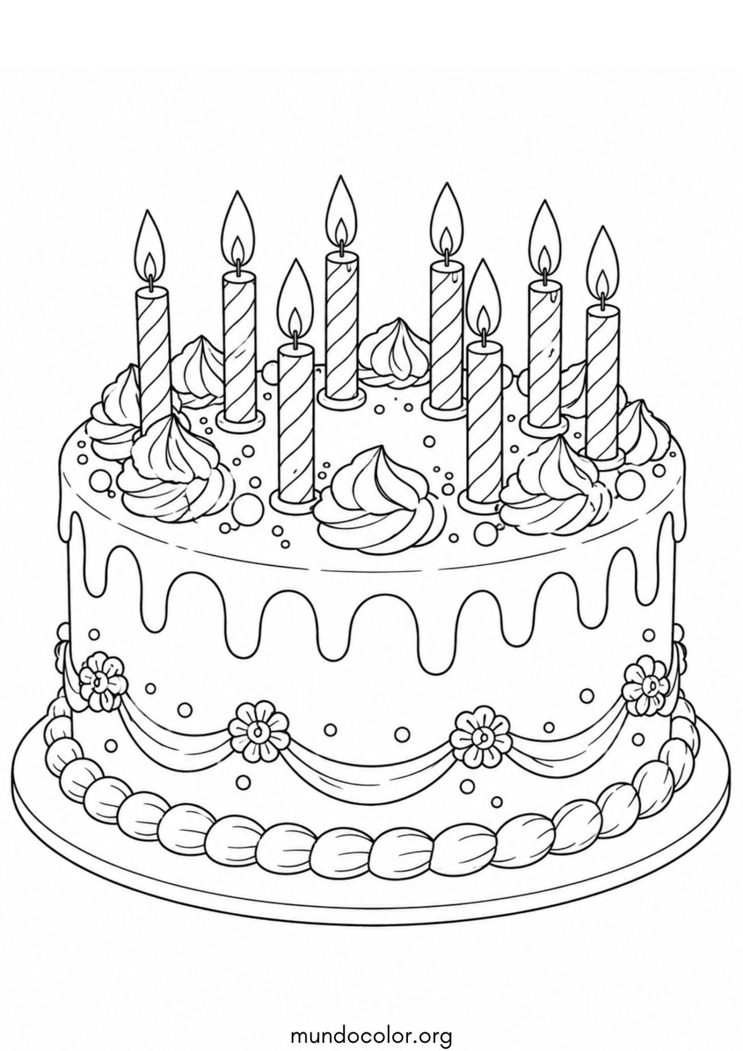 Dibujo de Tarta de cumpleaños con velas encendidas para colorear