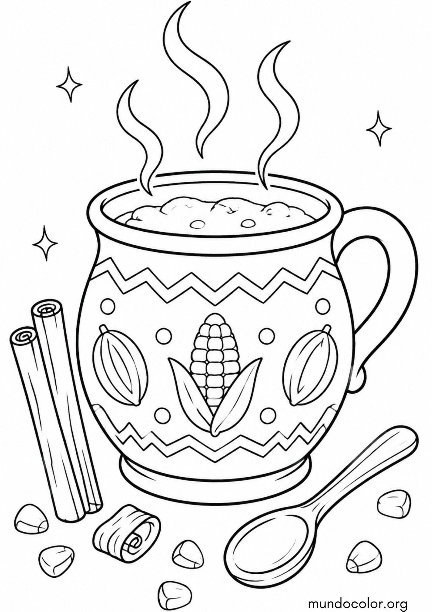 Dibujo de Día de la Candelaria y Tamales – Taza de barro humeante de champurrado con rajas de canela para colorear
