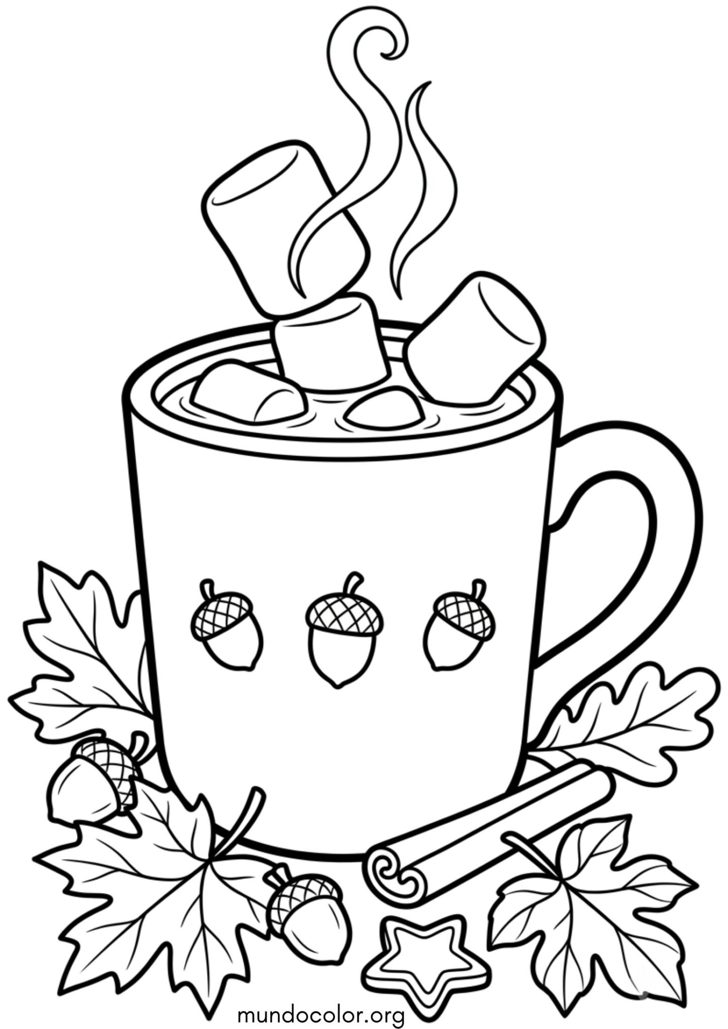 Dibujo de Taza de chocolate caliente con malvaviscos y hojas de otoño para imprimir Dibujo de Taza de chocolate caliente con malvaviscos y hojas de otoño para colorear