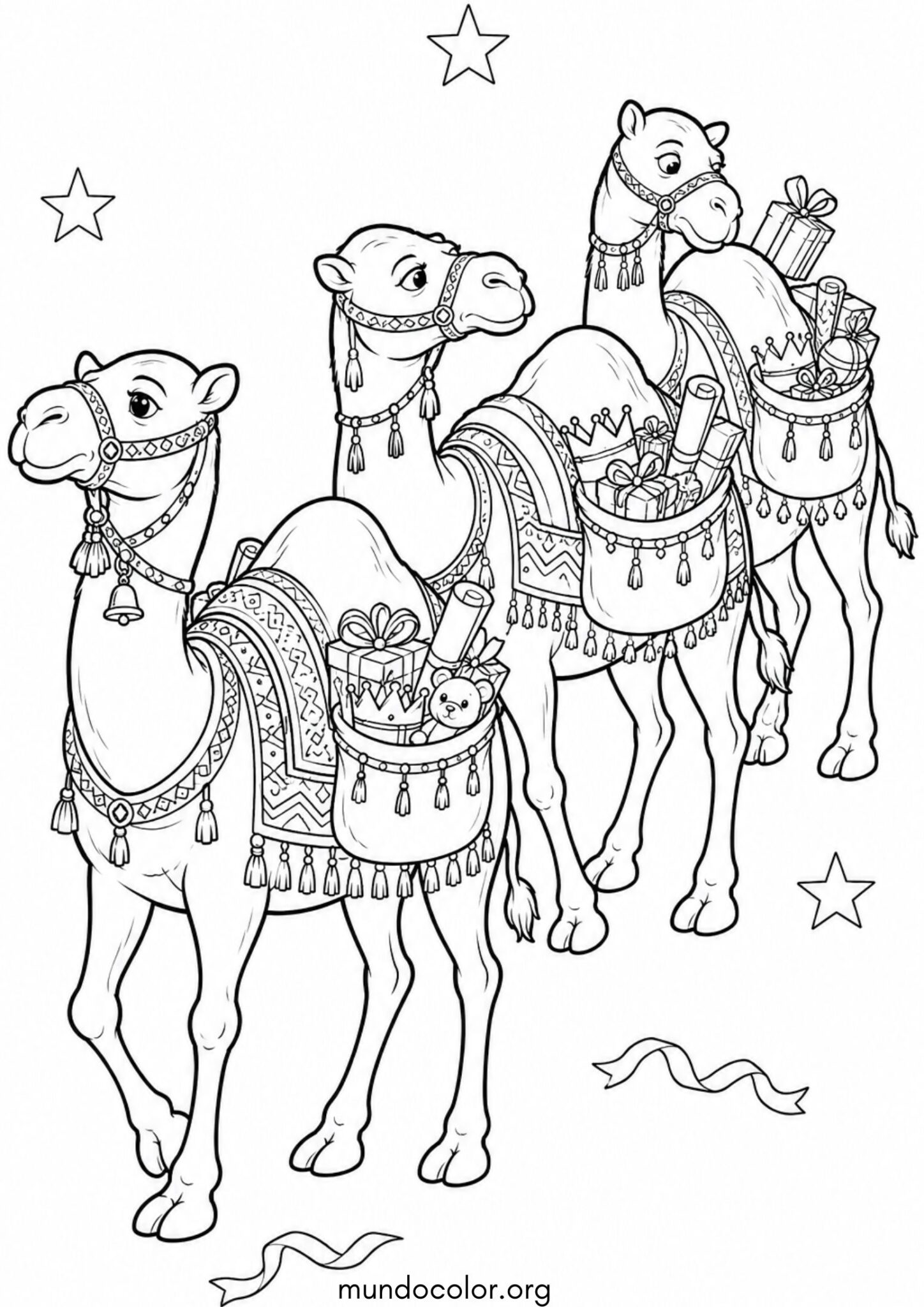 Dibujo de Tres camellos con alforjas llenas de regalos para imprimir Dibujo de Tres camellos con alforjas llenas de regalos para colorear
