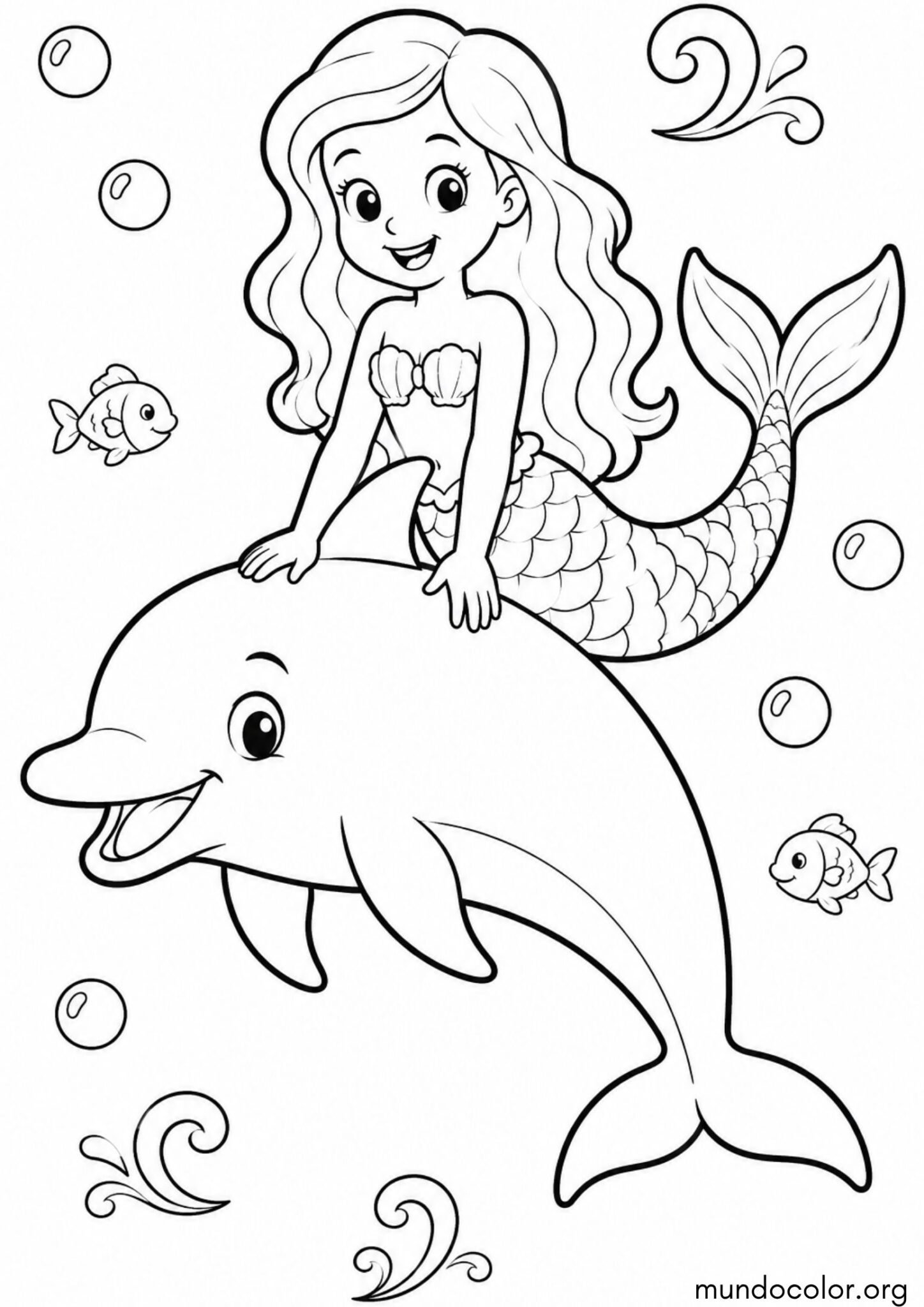 Dibujo de Una linda sirena monta un delfín para colorear